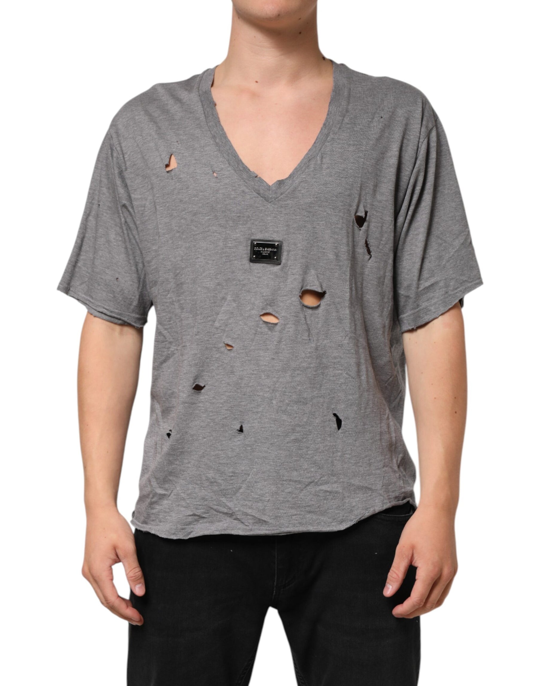 Dolce & Gabbana Gray Cotton Tattered Logo Patch Men T-shirt | Regal Royce