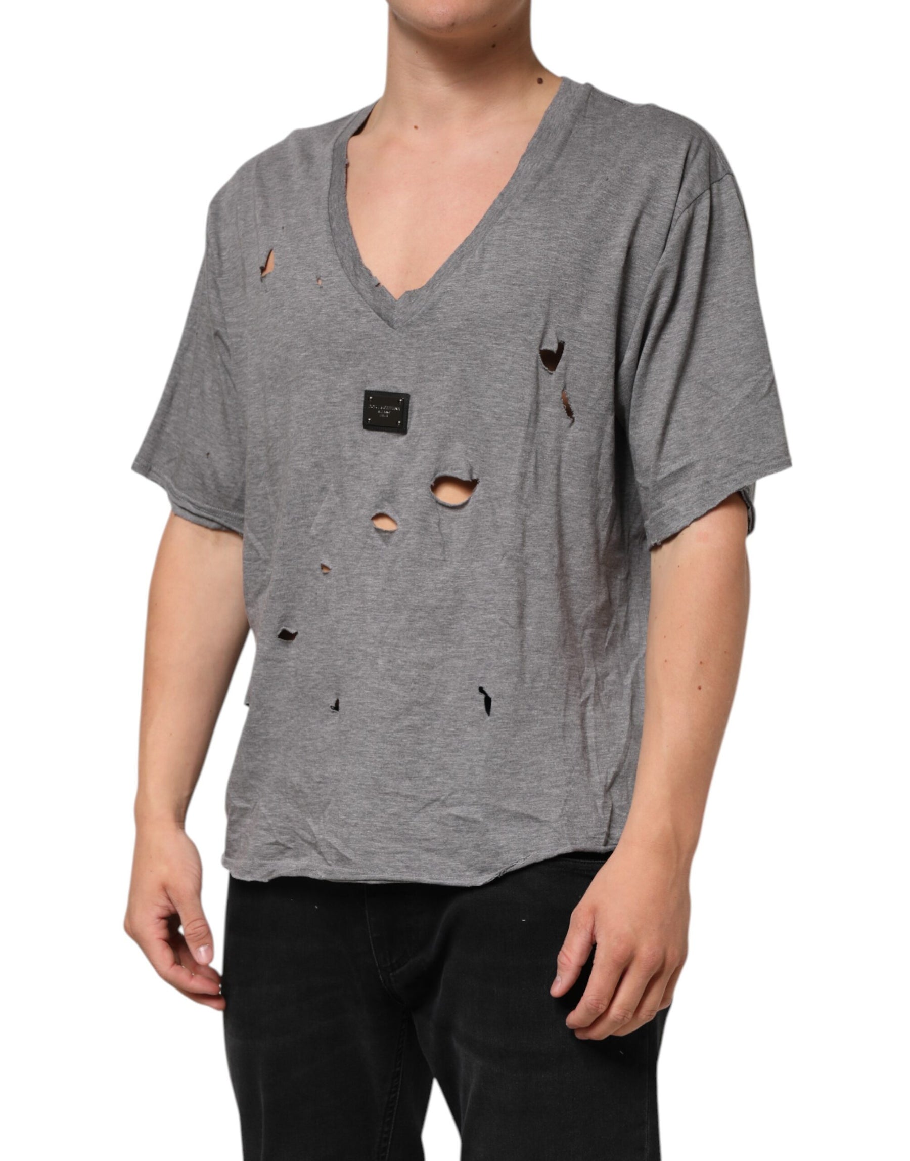 Dolce & Gabbana Gray Cotton Tattered Logo Patch Men T-shirt | Regal Royce
