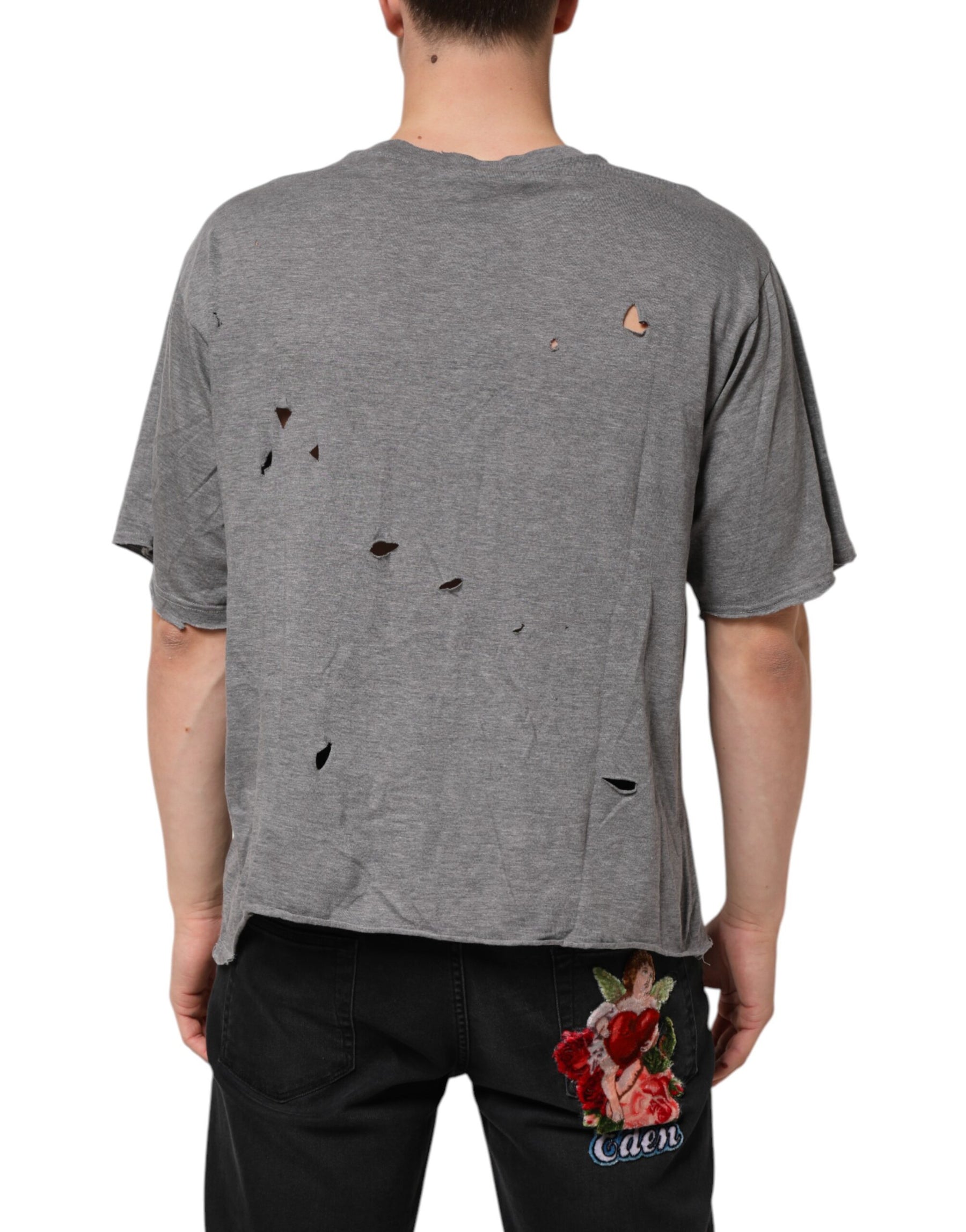 Dolce & Gabbana Gray Cotton Tattered Logo Patch Men T-shirt | Regal Royce