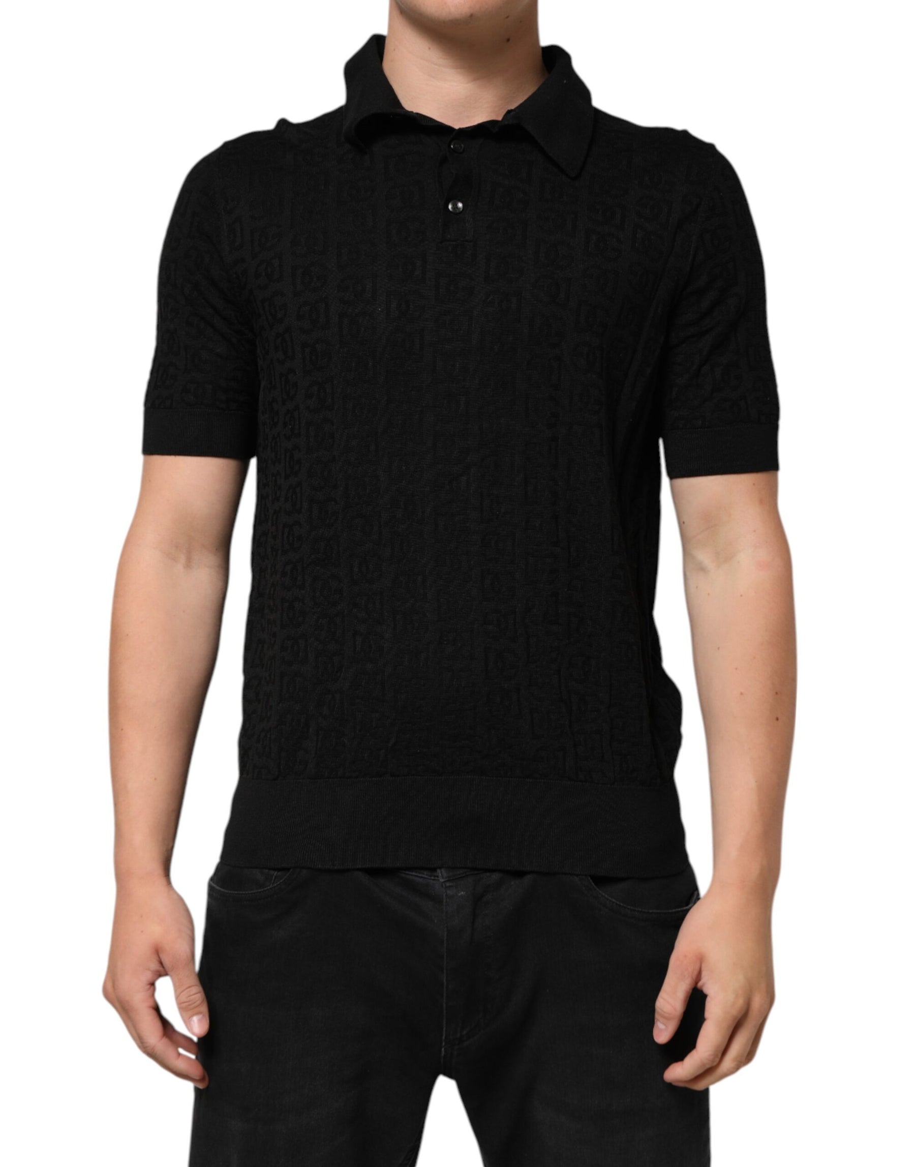Dolce & Gabbana Black Silk Jacquard DG Polo Shirt T-shirt | Regal Royce
