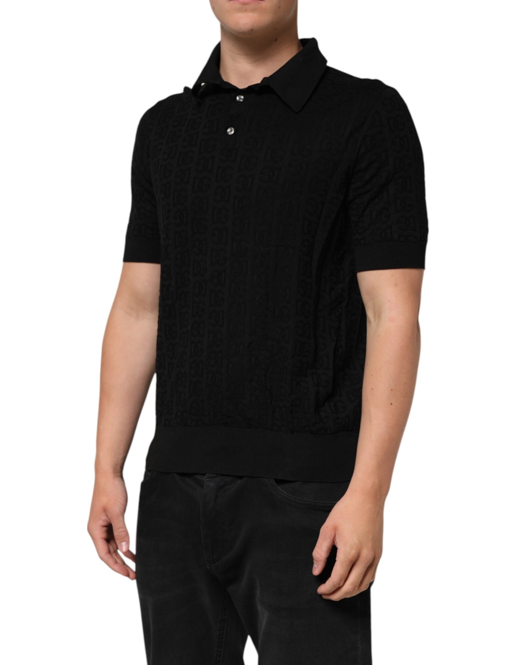 Dolce & Gabbana Black Silk Jacquard DG Polo Shirt T-shirt | Regal Royce
