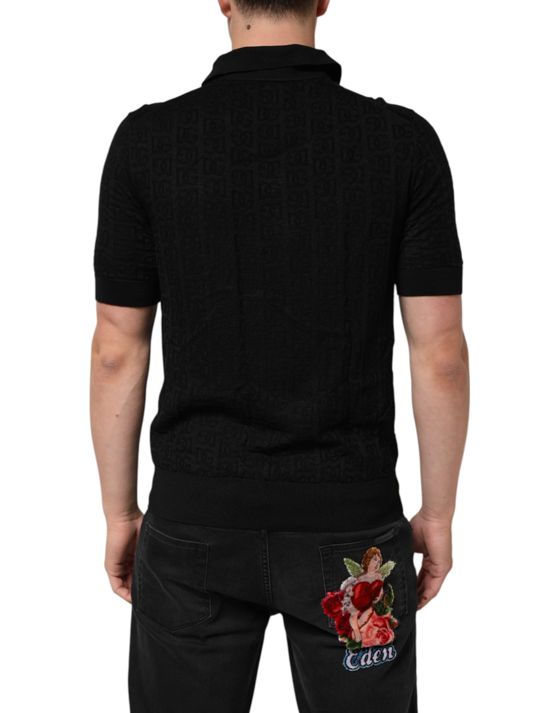 Dolce & Gabbana Black Silk Jacquard DG Polo Shirt T-shirt | Regal Royce