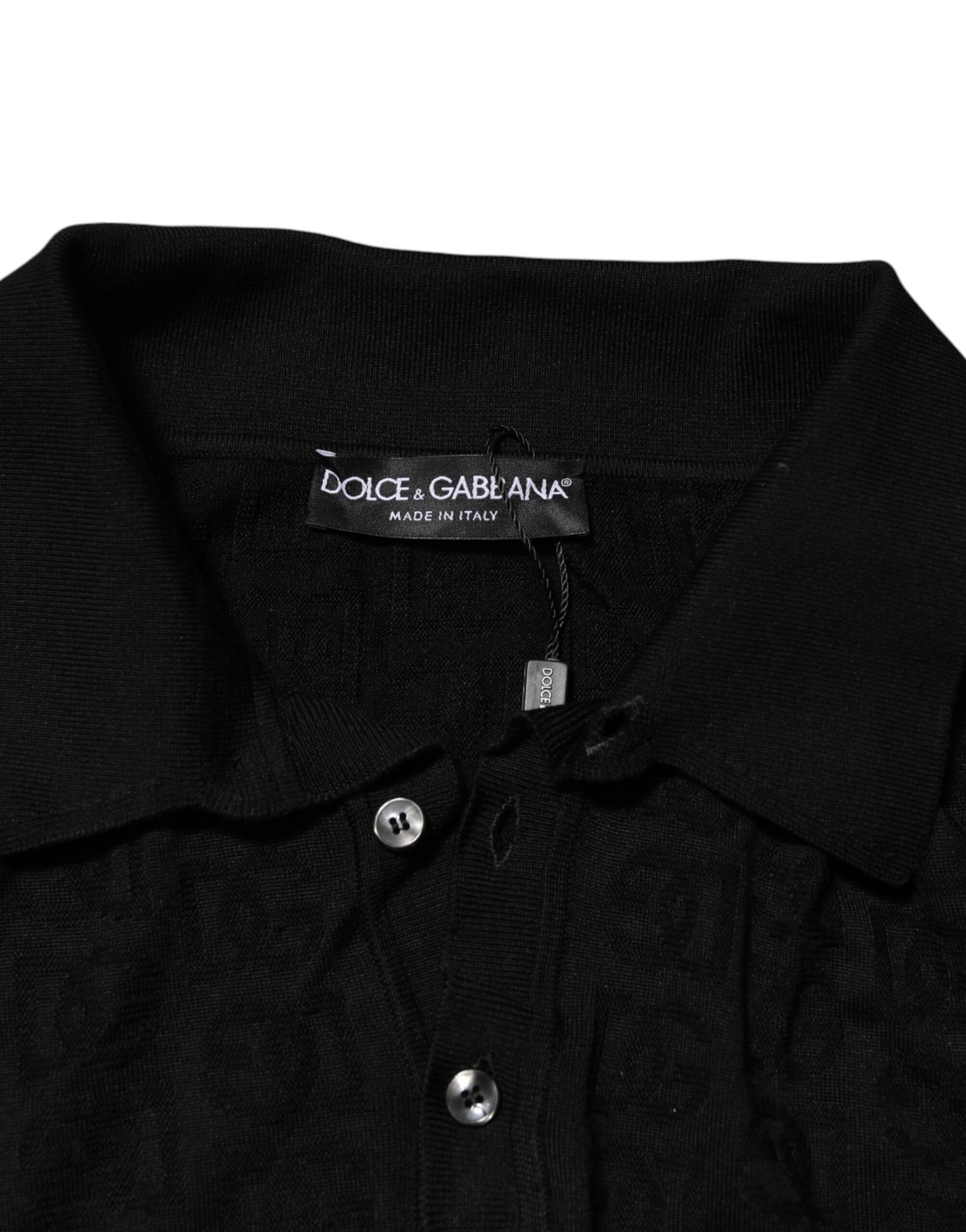 Dolce & Gabbana Black Silk Jacquard DG Polo Shirt T-shirt | Regal Royce