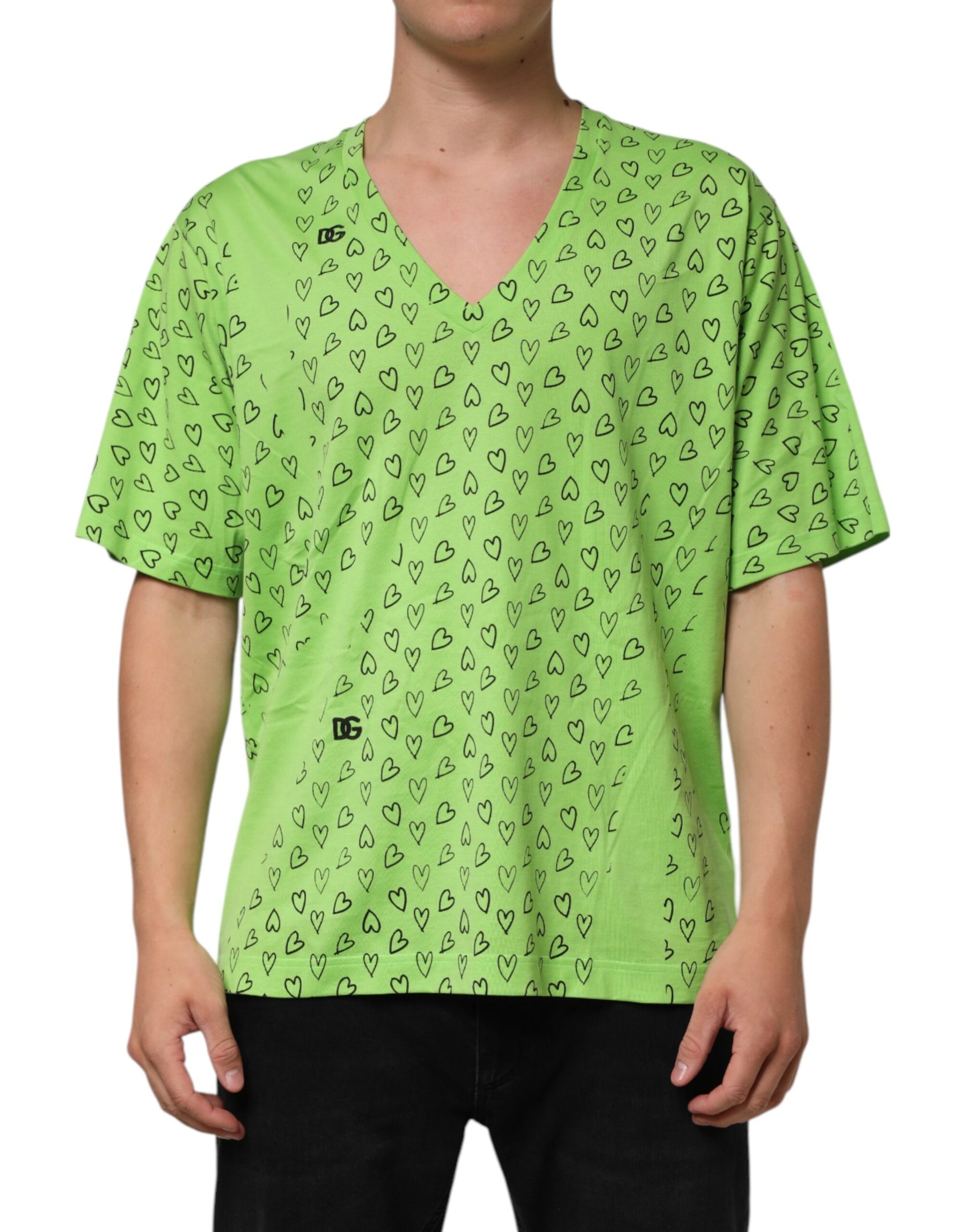 Dolce & Gabbana Green V-Neck DG Logo Heart Print T-shirt | Regal Royce