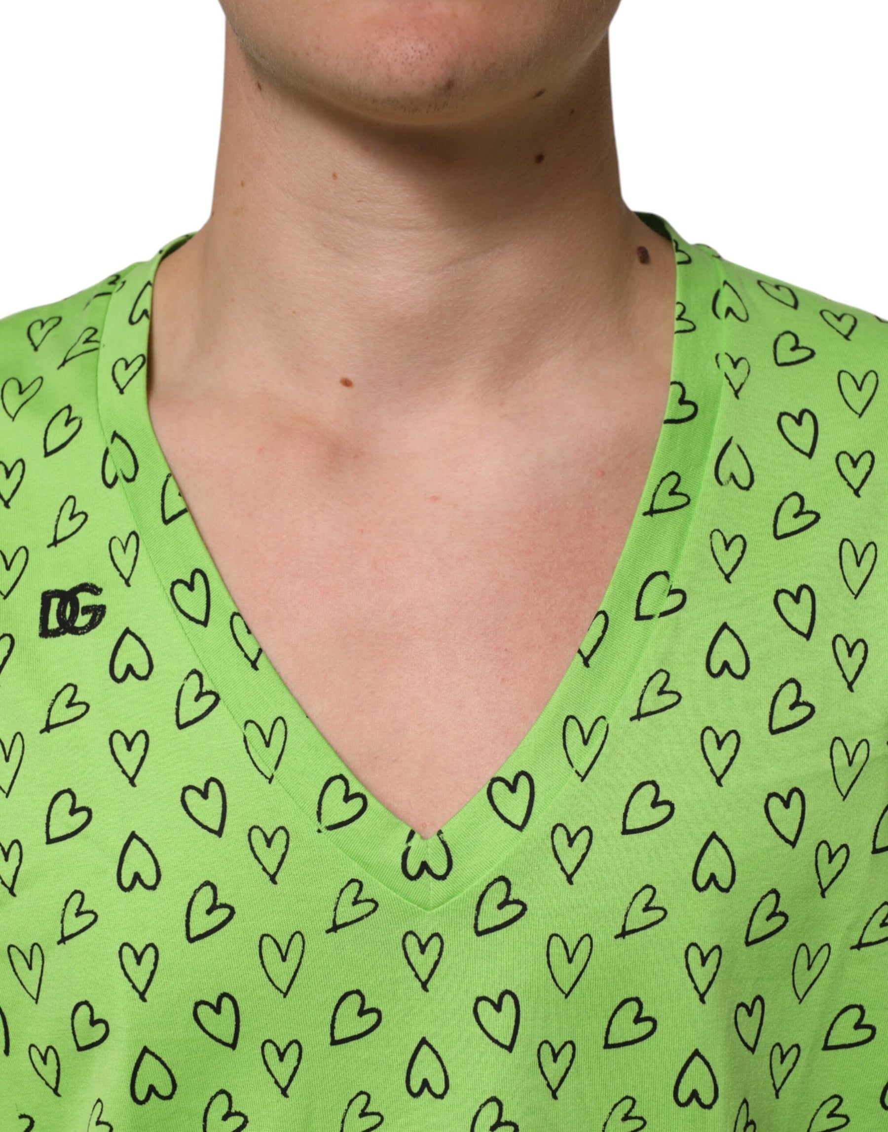 Dolce & Gabbana Green V-Neck DG Logo Heart Print T-shirt | Regal Royce
