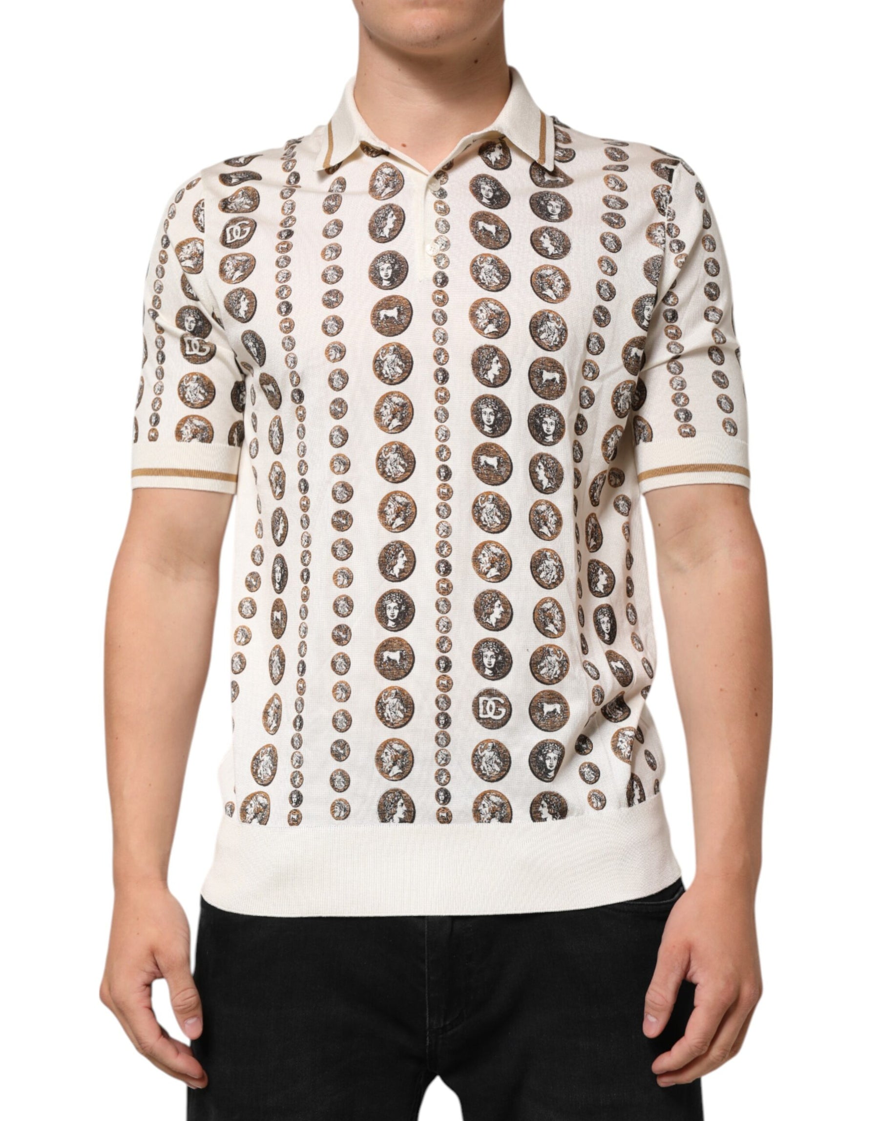 Dolce & Gabbana Silk Ivory Coin Print Logo Men Polo T-shirt | Regal Royce