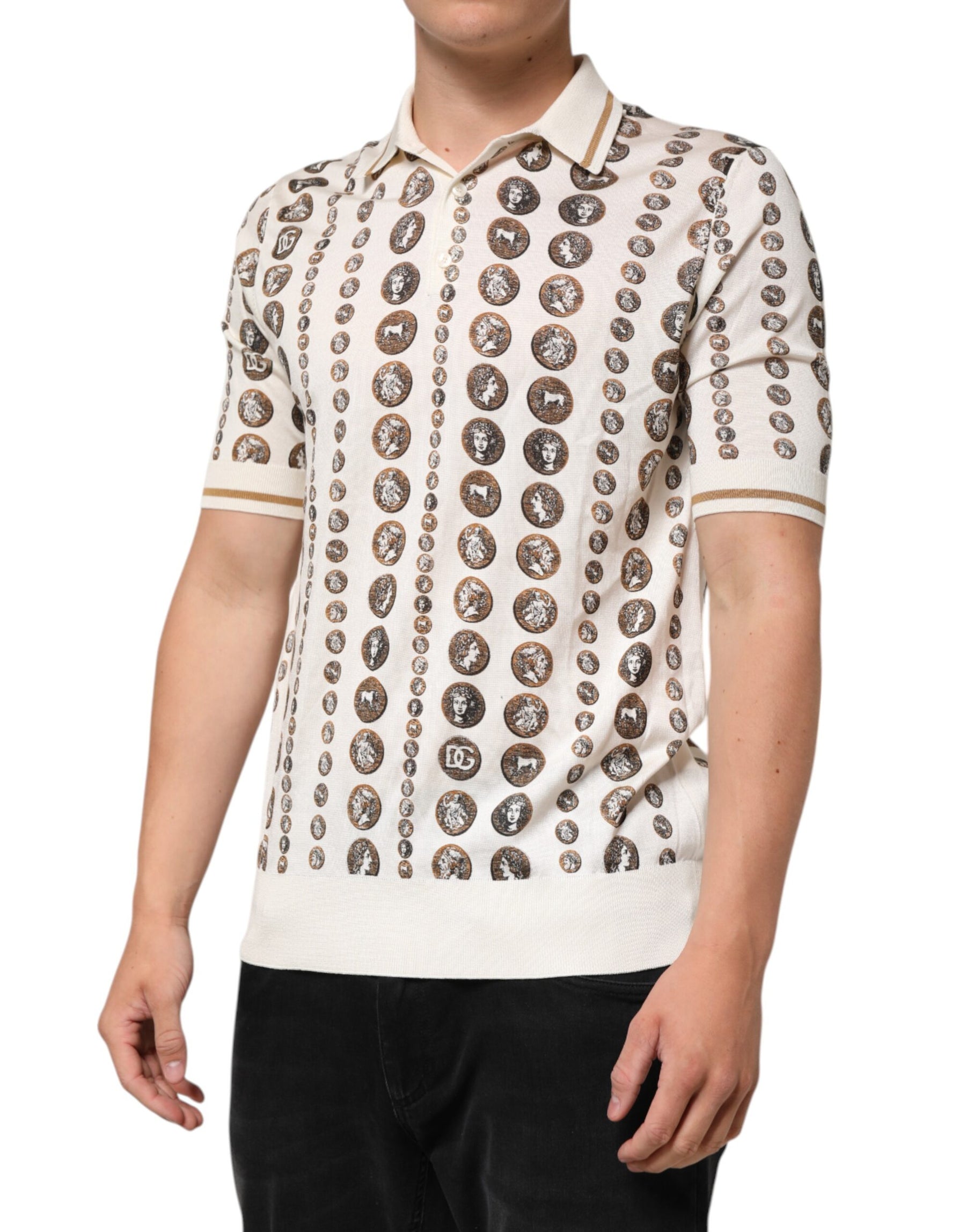 Dolce & Gabbana Silk Ivory Coin Print Logo Men Polo T-shirt | Regal Royce