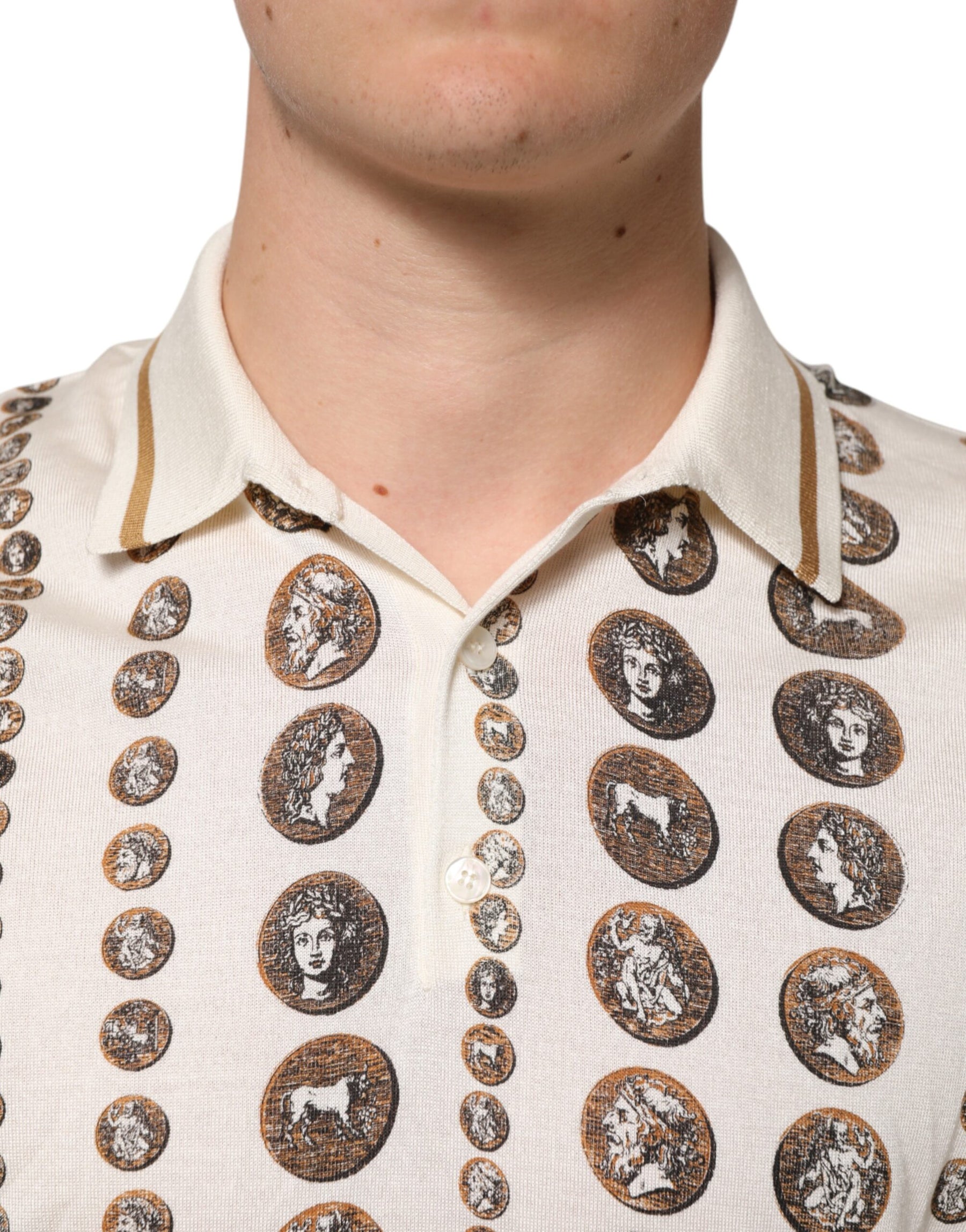 Dolce & Gabbana Silk Ivory Coin Print Logo Men Polo T-shirt | Regal Royce