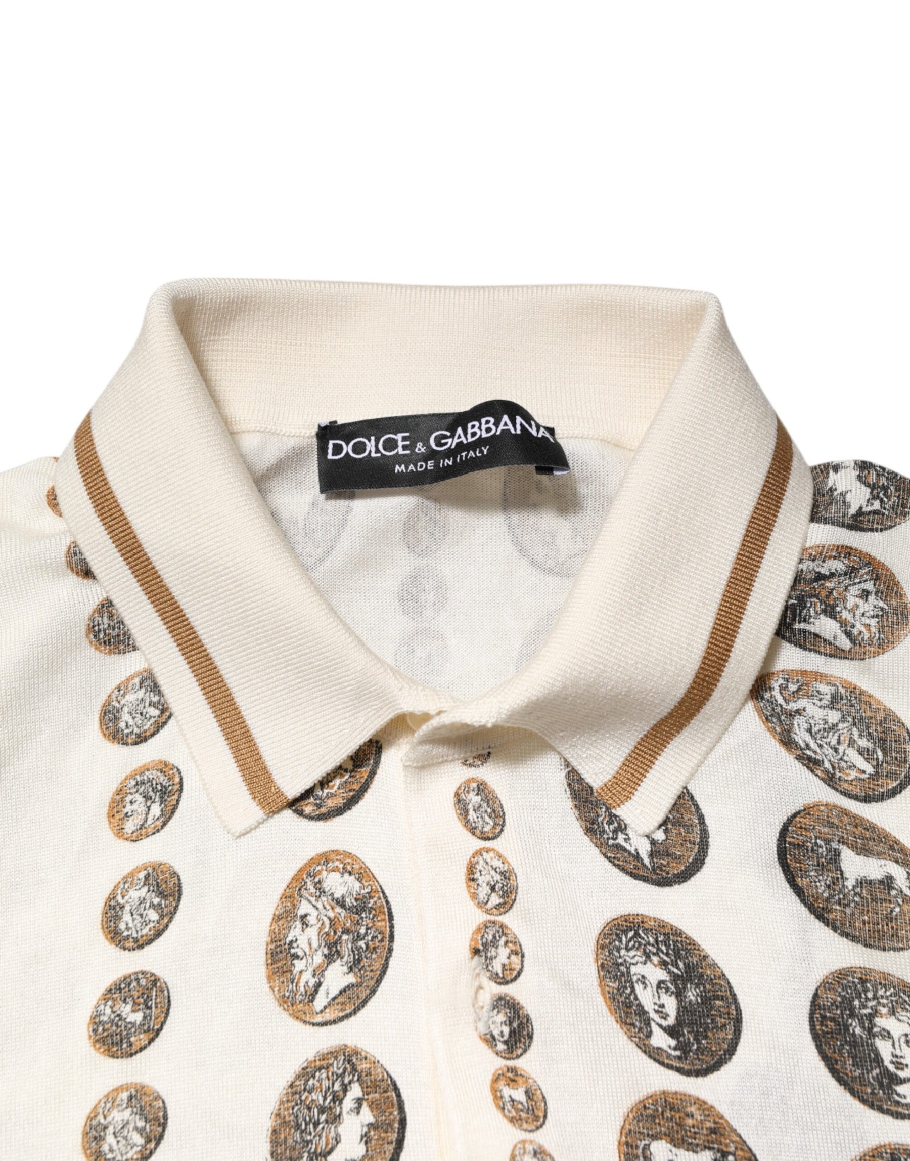Dolce & Gabbana Silk Ivory Coin Print Logo Men Polo T-shirt | Regal Royce