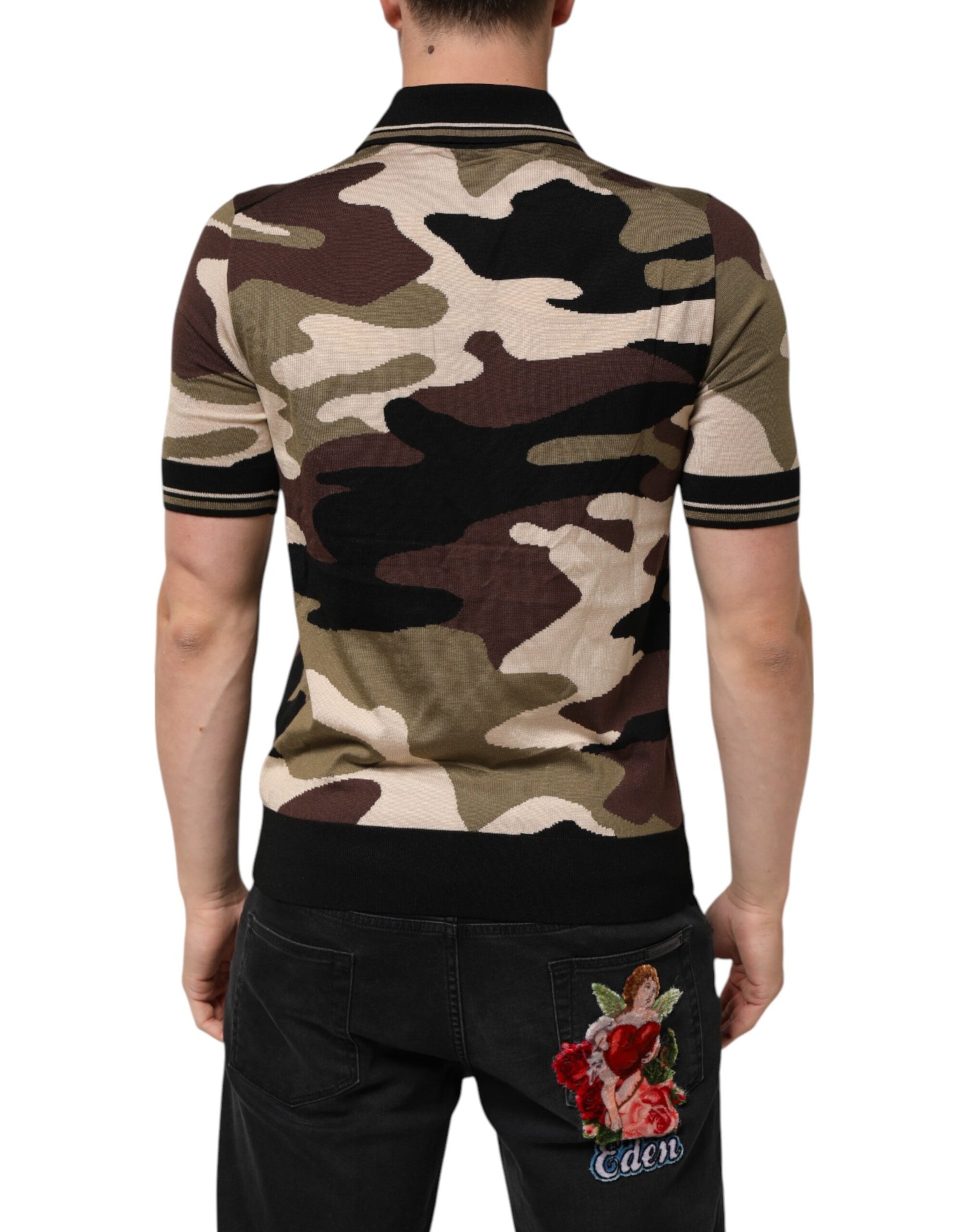 Dolce & Gabbana Camouflage Brown Silk MilitaryPolo T-shirt | Regal Royce