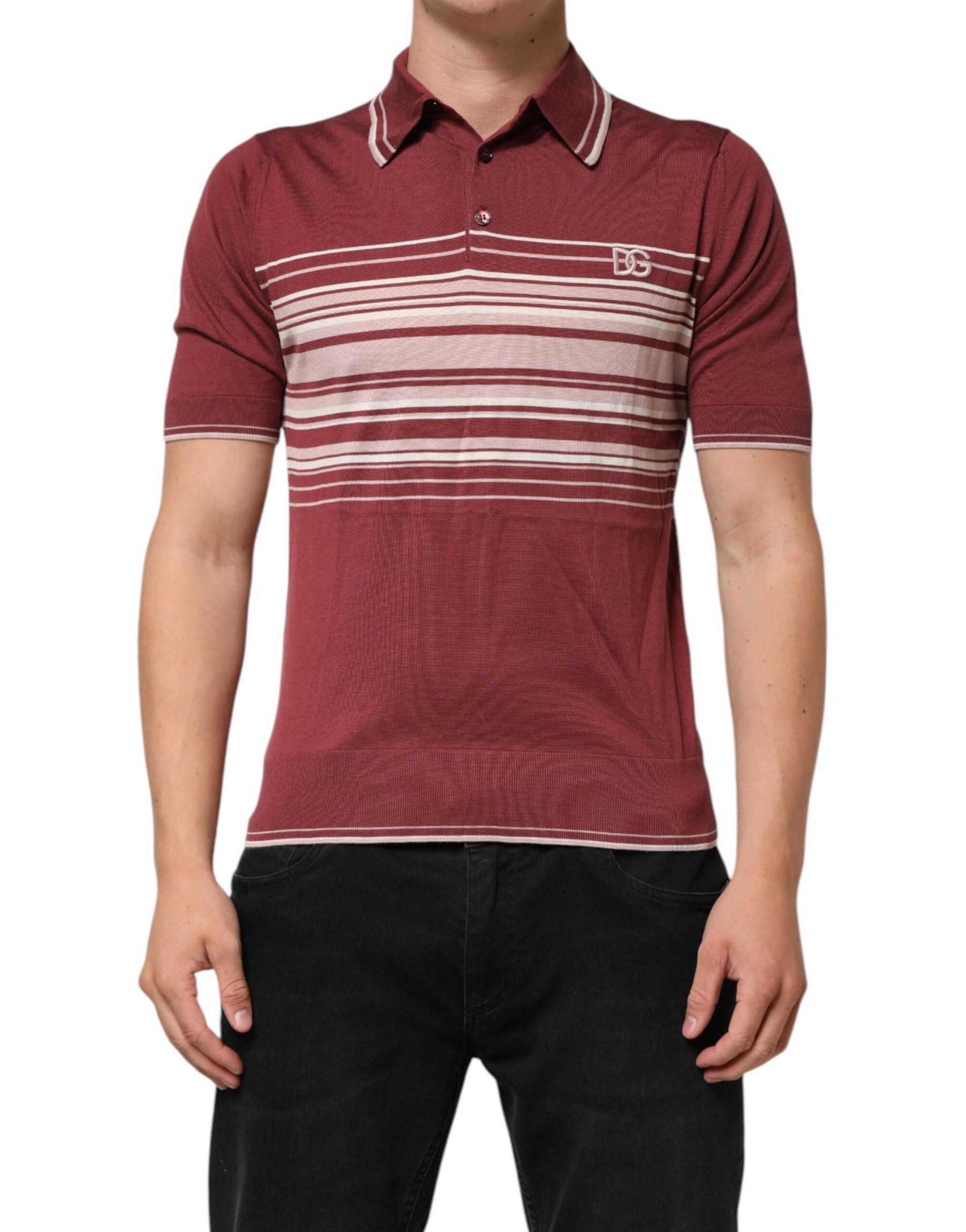 Dolce & Gabbana Cotton Burgundy Striped DG Logo Polo  T-shirt | Regal Royce