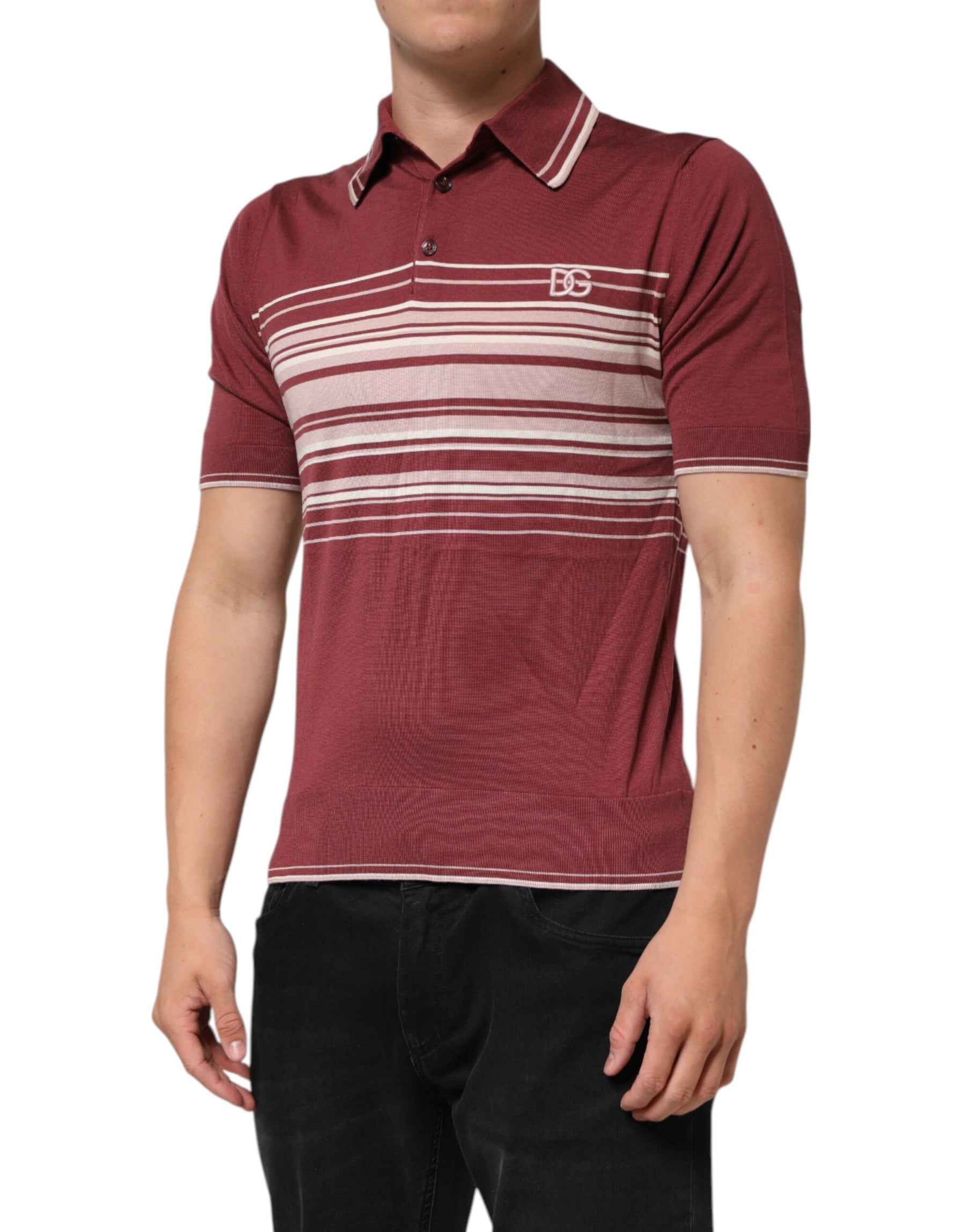 Dolce & Gabbana Cotton Burgundy Striped DG Logo Polo  T-shirt | Regal Royce