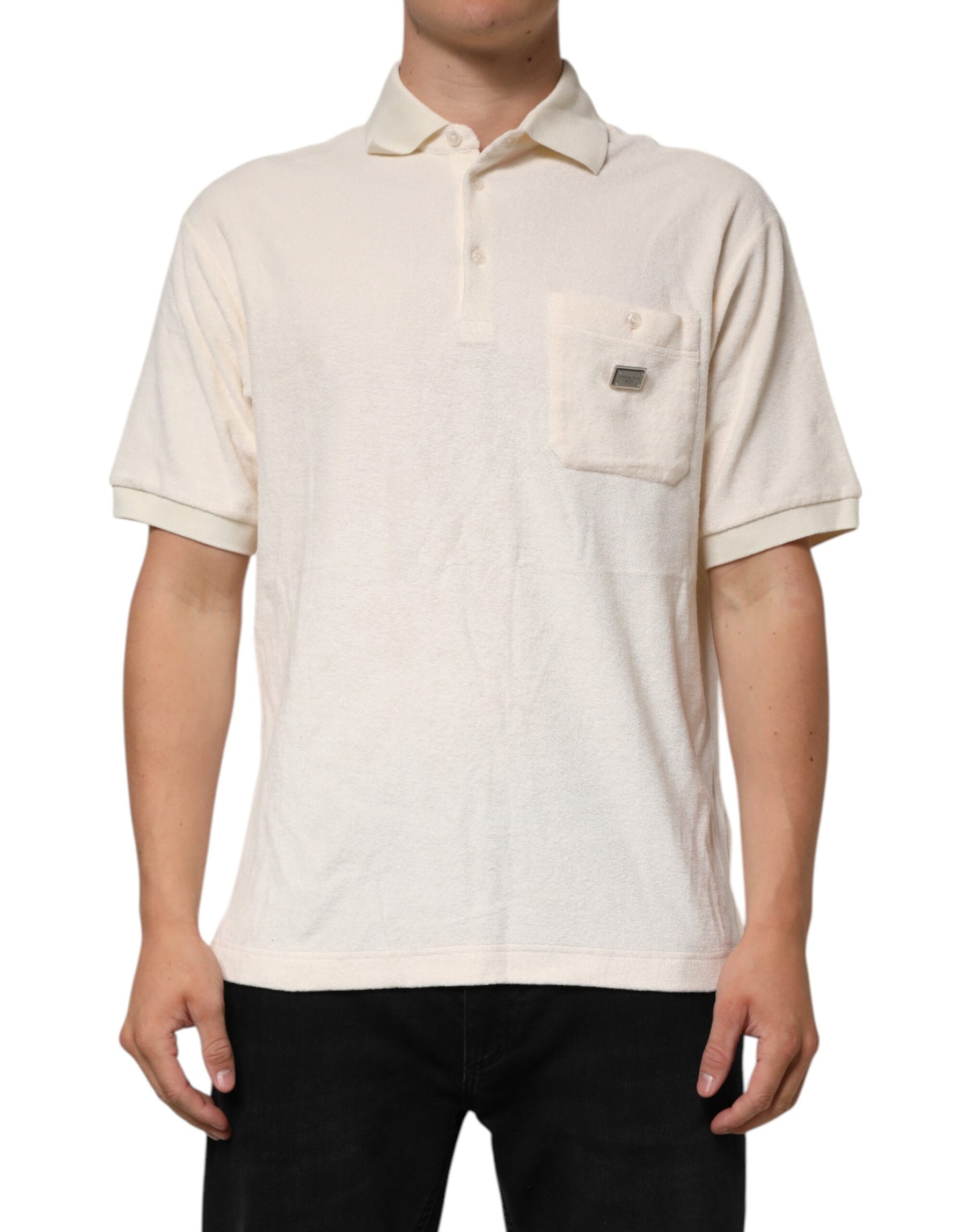 Dolce & Gabbana Ivory Cotton Terry Logo Pocket Polo T-shirt | Regal Royce