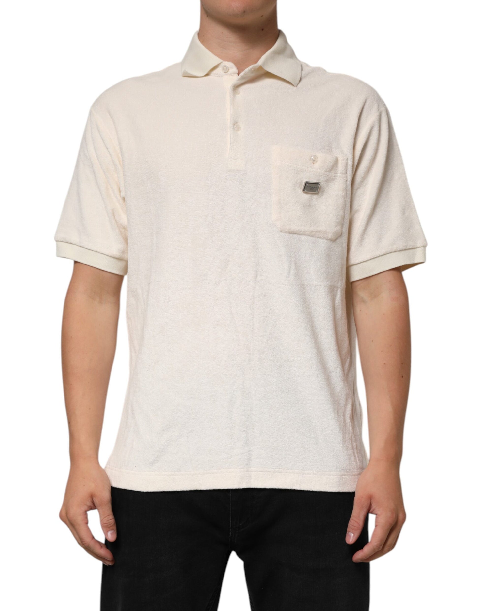 Dolce & Gabbana Ivory Cotton Terry Logo Pocket Polo T-shirt