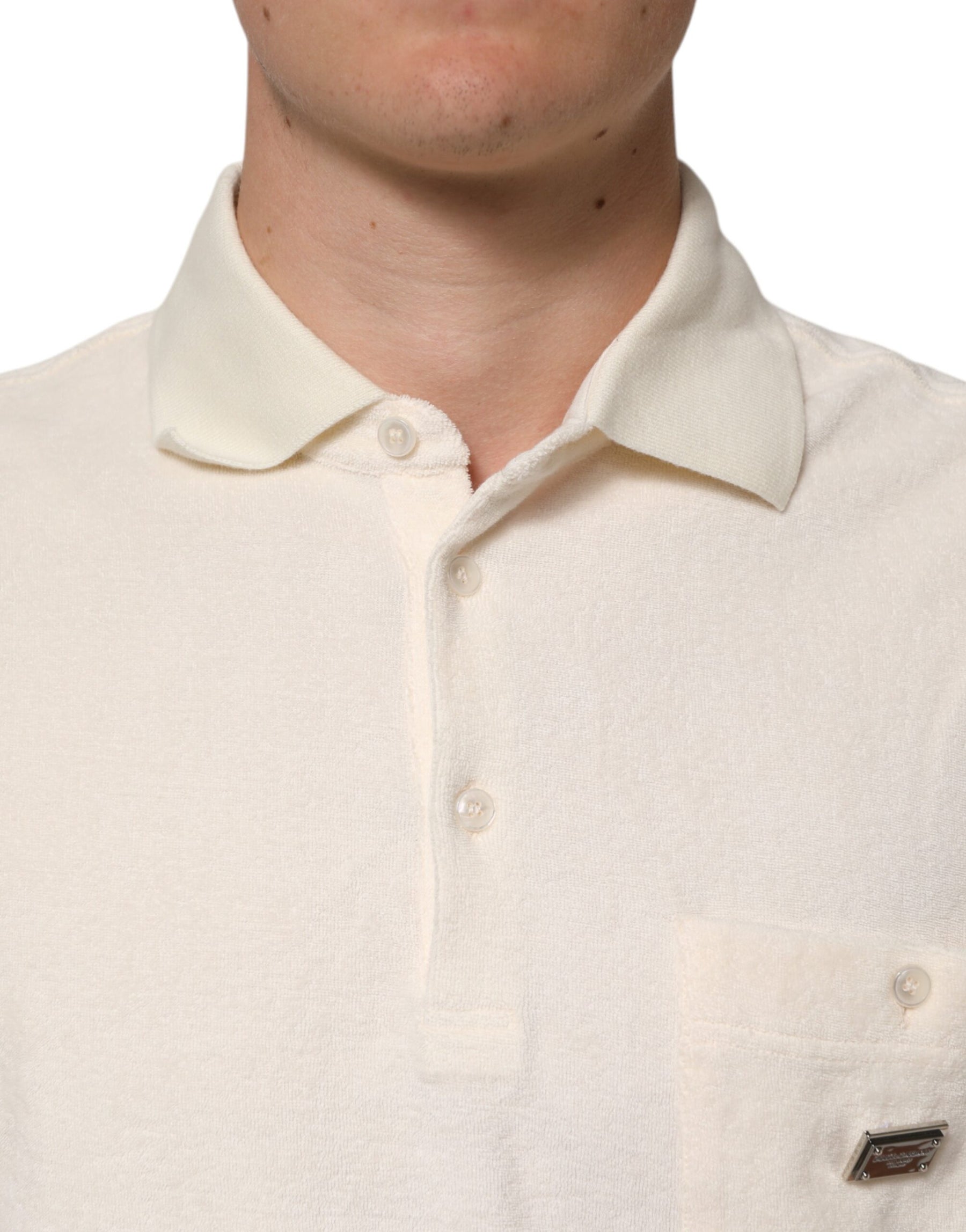 Dolce & Gabbana Ivory Cotton Terry Logo Pocket Polo T-shirt | Regal Royce