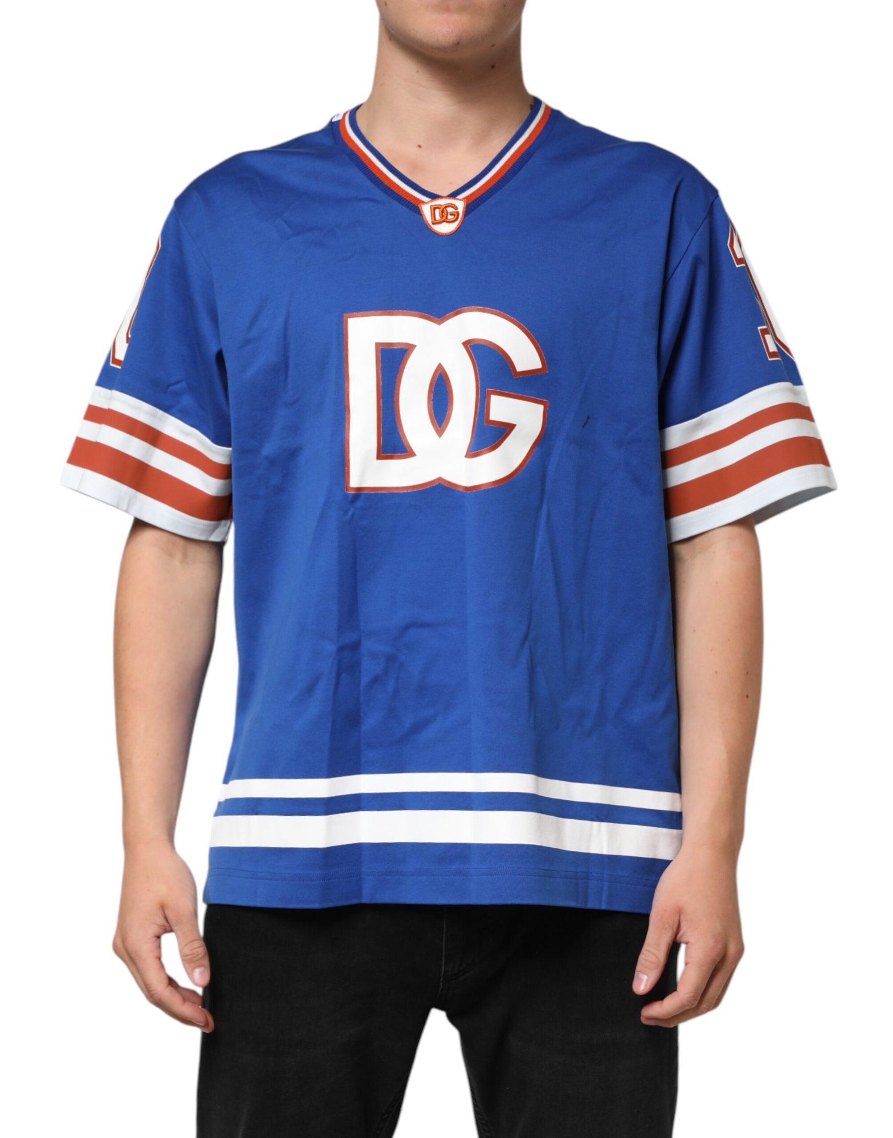 Dolce & Gabbana Blue Cotton DG Logo Mesh Jersey T-shirt | Regal Royce