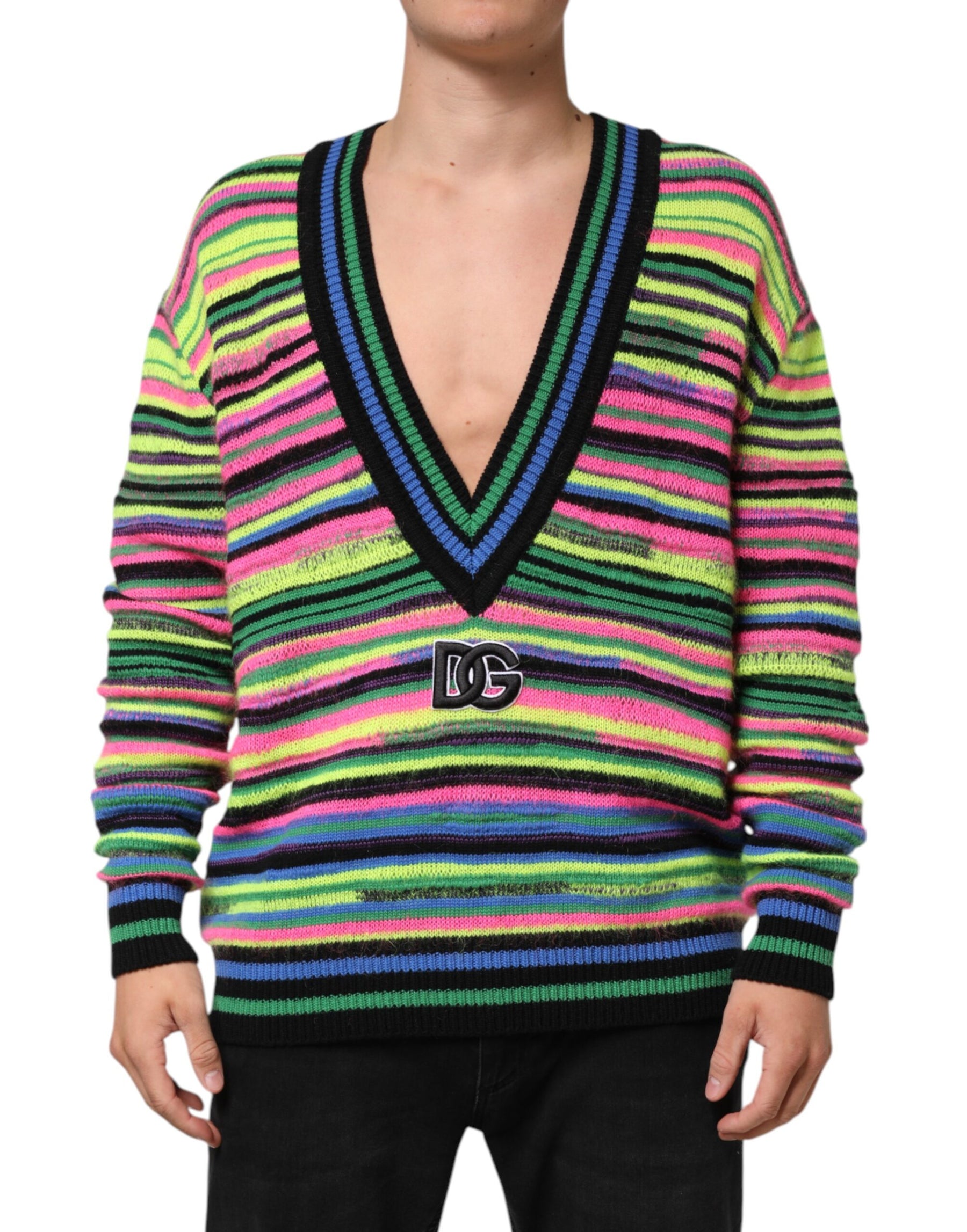 Dolce & Gabbana Multicolor DG Logo V-Neck Knit Pullover Sweater | Regal Royce