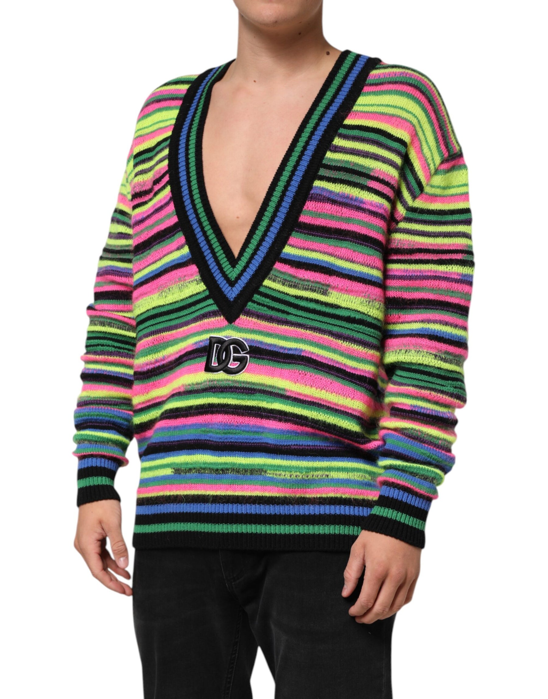 Dolce & Gabbana Multicolor DG Logo V-Neck Knit Pullover Sweater | Regal Royce