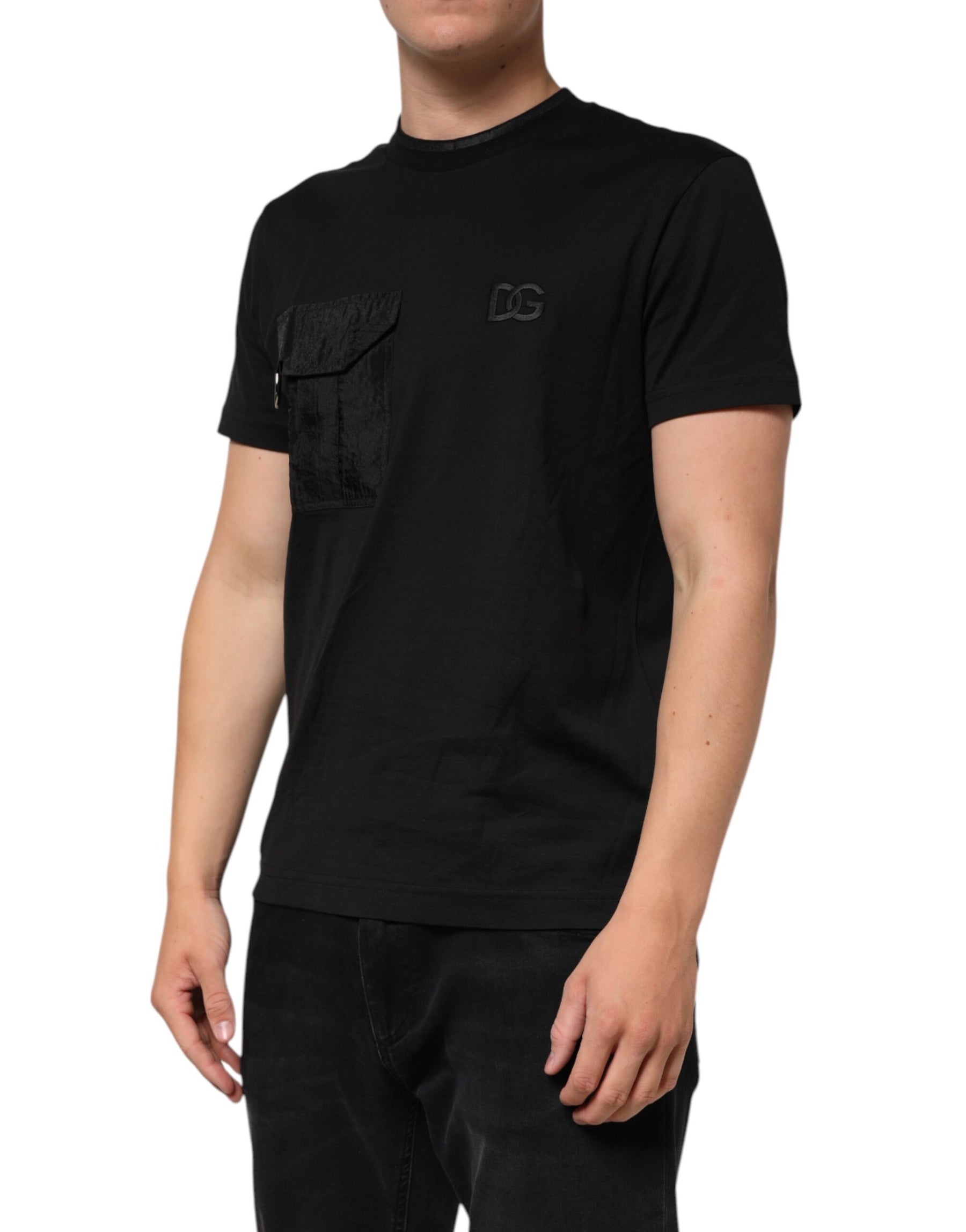 Dolce & Gabbana Black Cotton Embroidered DG Logo Pocket T-shirt | Regal Royce