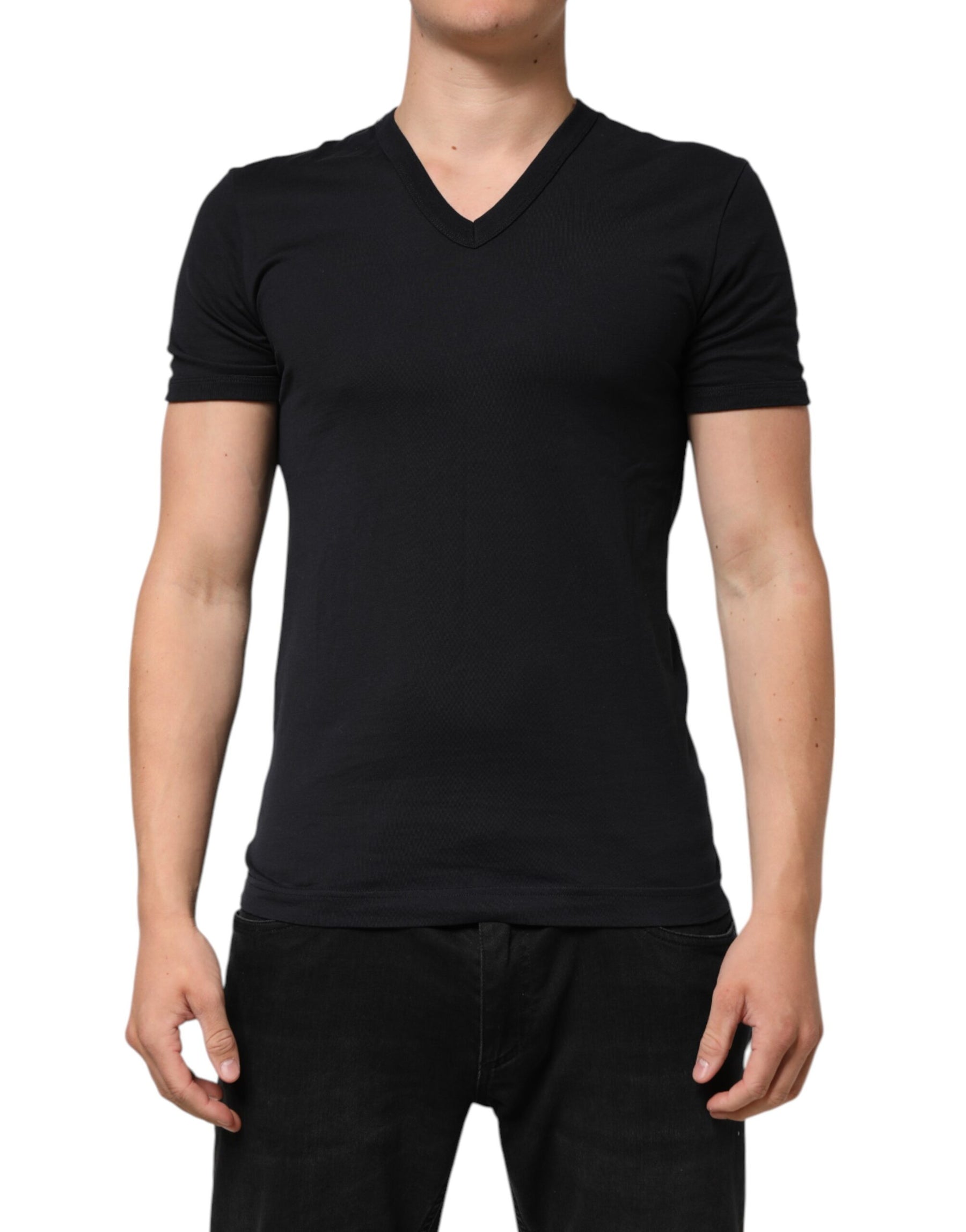 Dolce & Gabbana Black Cotton Plain V-Neck Men Shirt T-shirt | Regal Royce