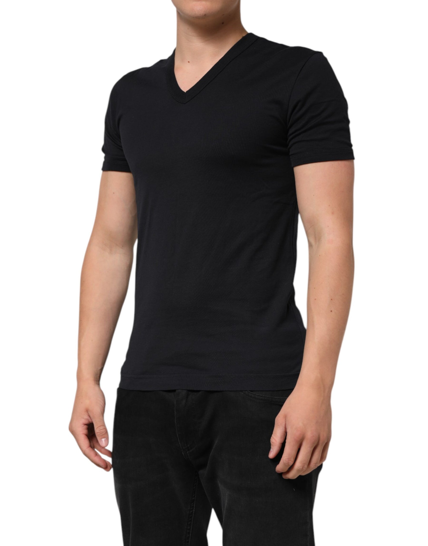 Dolce & Gabbana Black Cotton Plain V-Neck Men Shirt T-shirt | Regal Royce