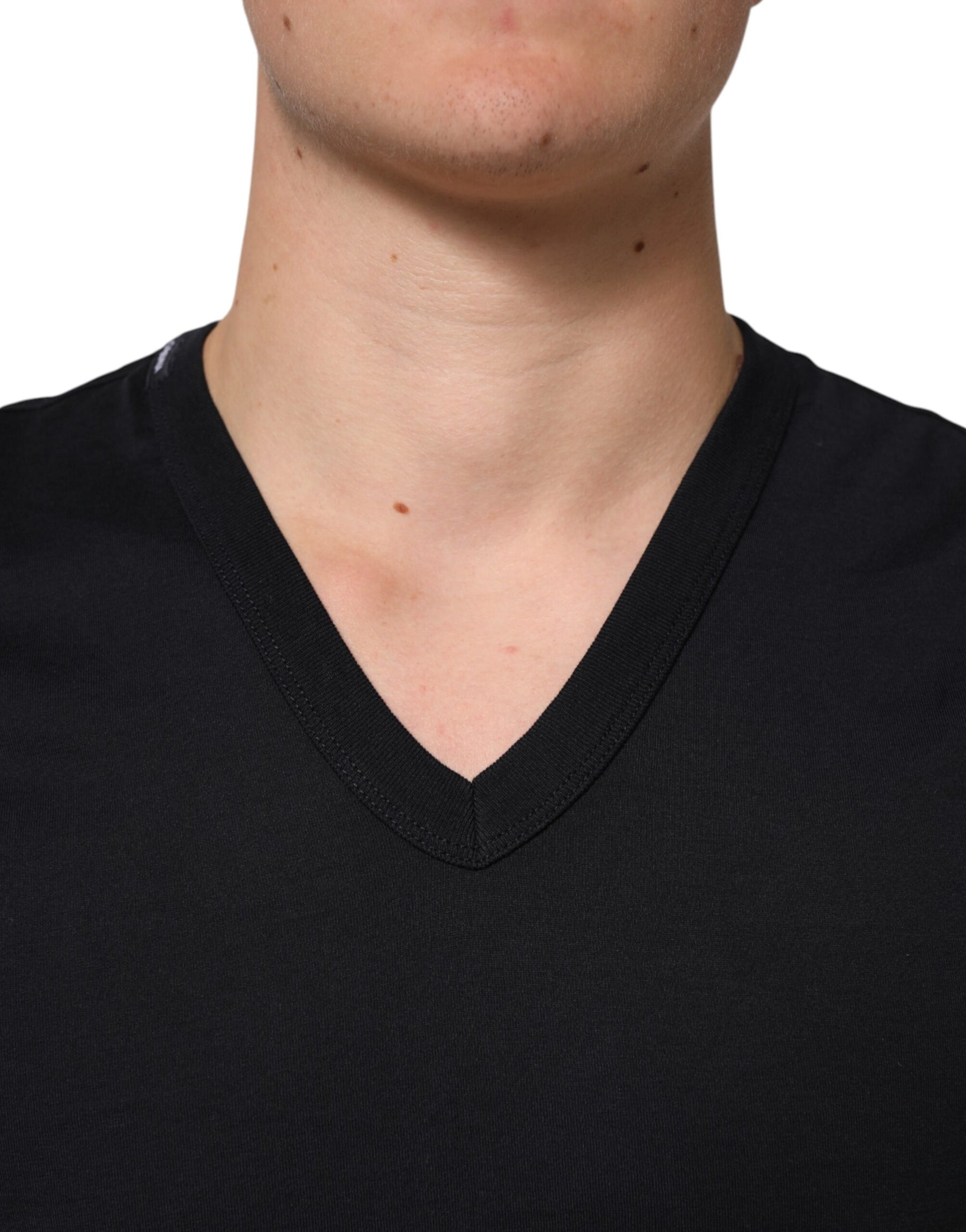 Dolce & Gabbana Black Cotton Plain V-Neck Men Shirt T-shirt | Regal Royce