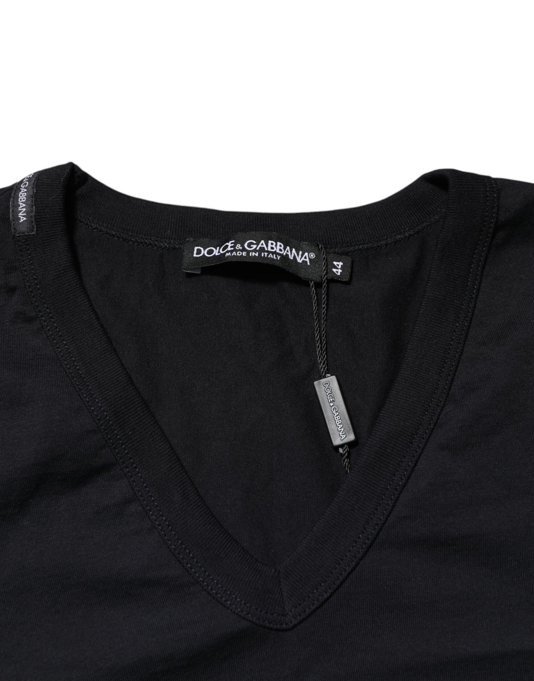 Dolce & Gabbana Black Cotton Plain V-Neck Men Shirt T-shirt | Regal Royce