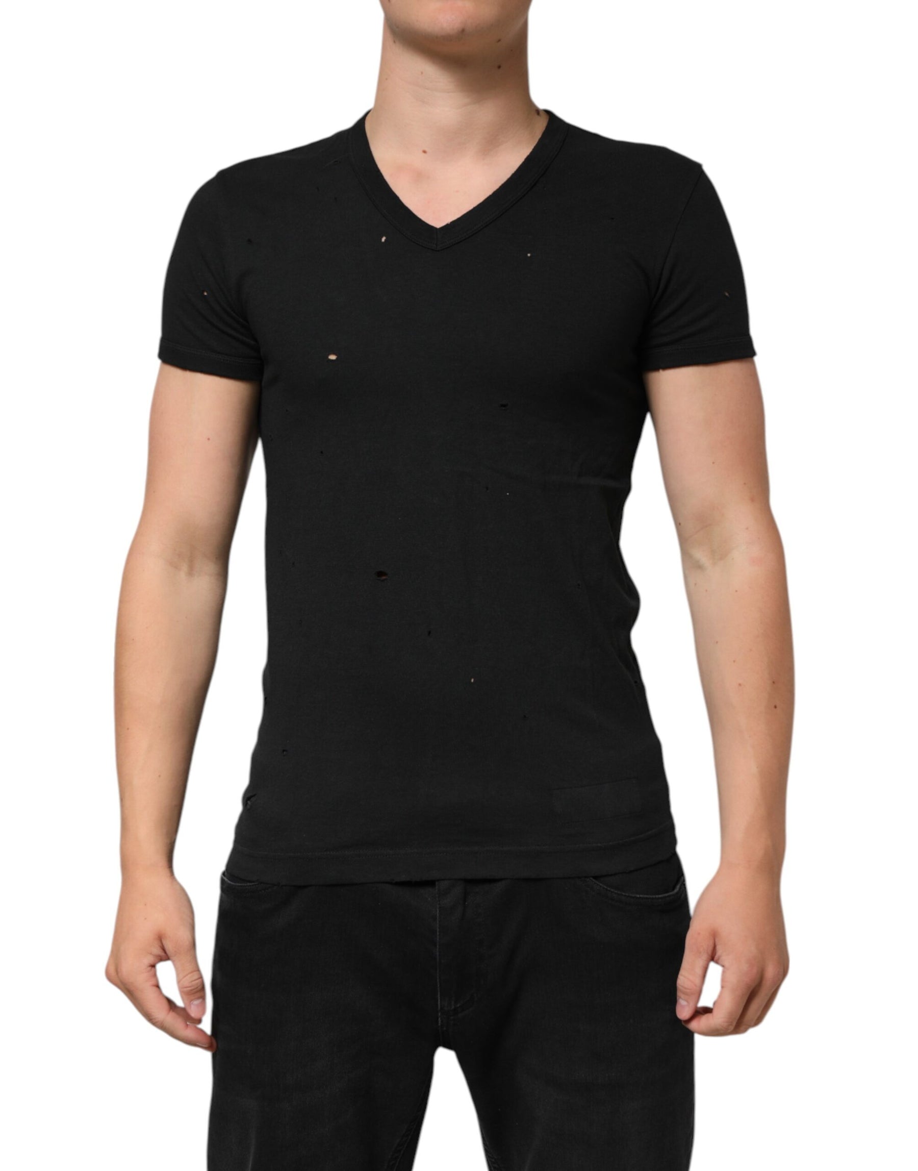 Dolce & Gabbana Black Cotton Tattered Logo V-Neck Men T-shirt | Regal Royce