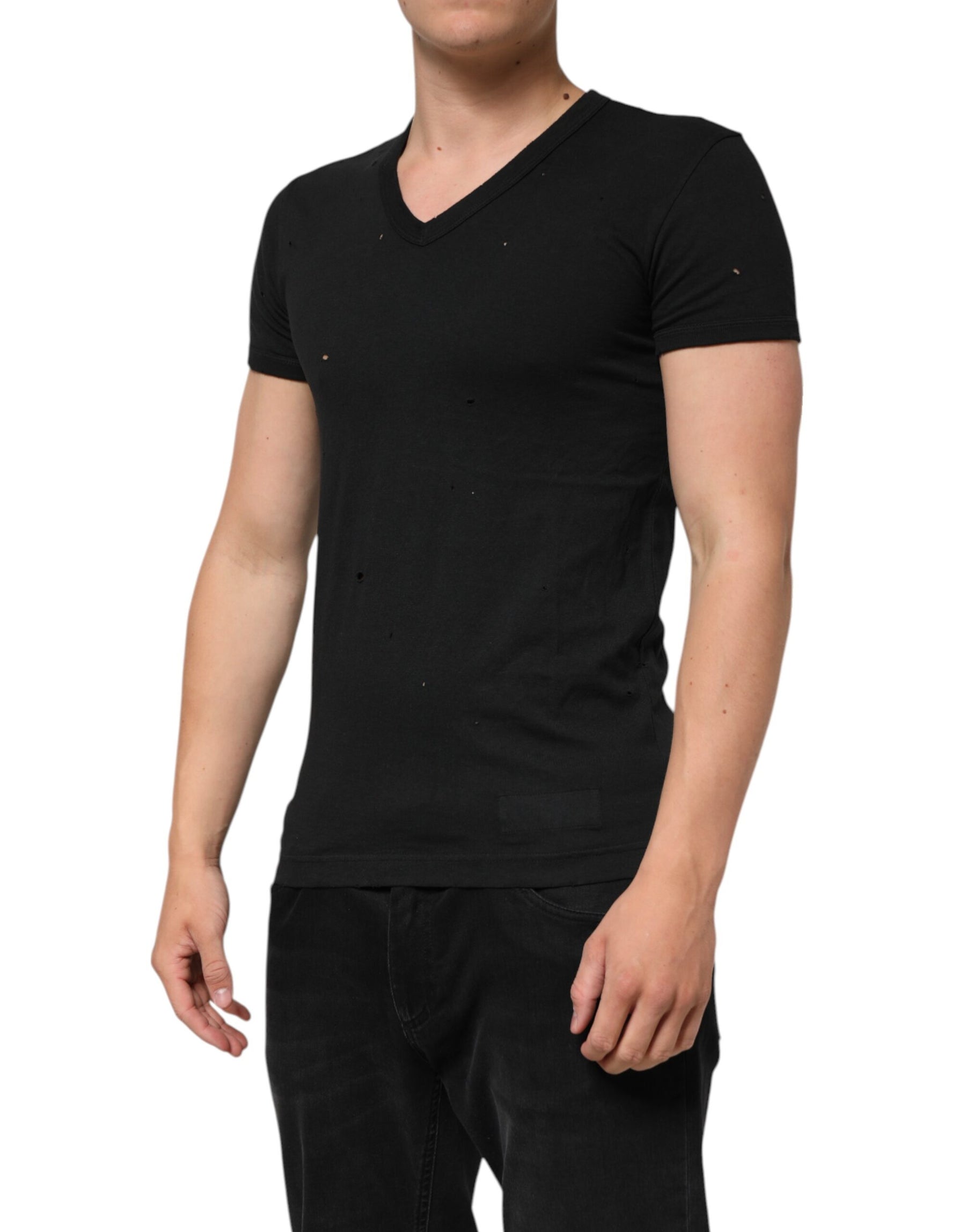 Dolce & Gabbana Black Cotton Tattered Logo V-Neck Men T-shirt | Regal Royce