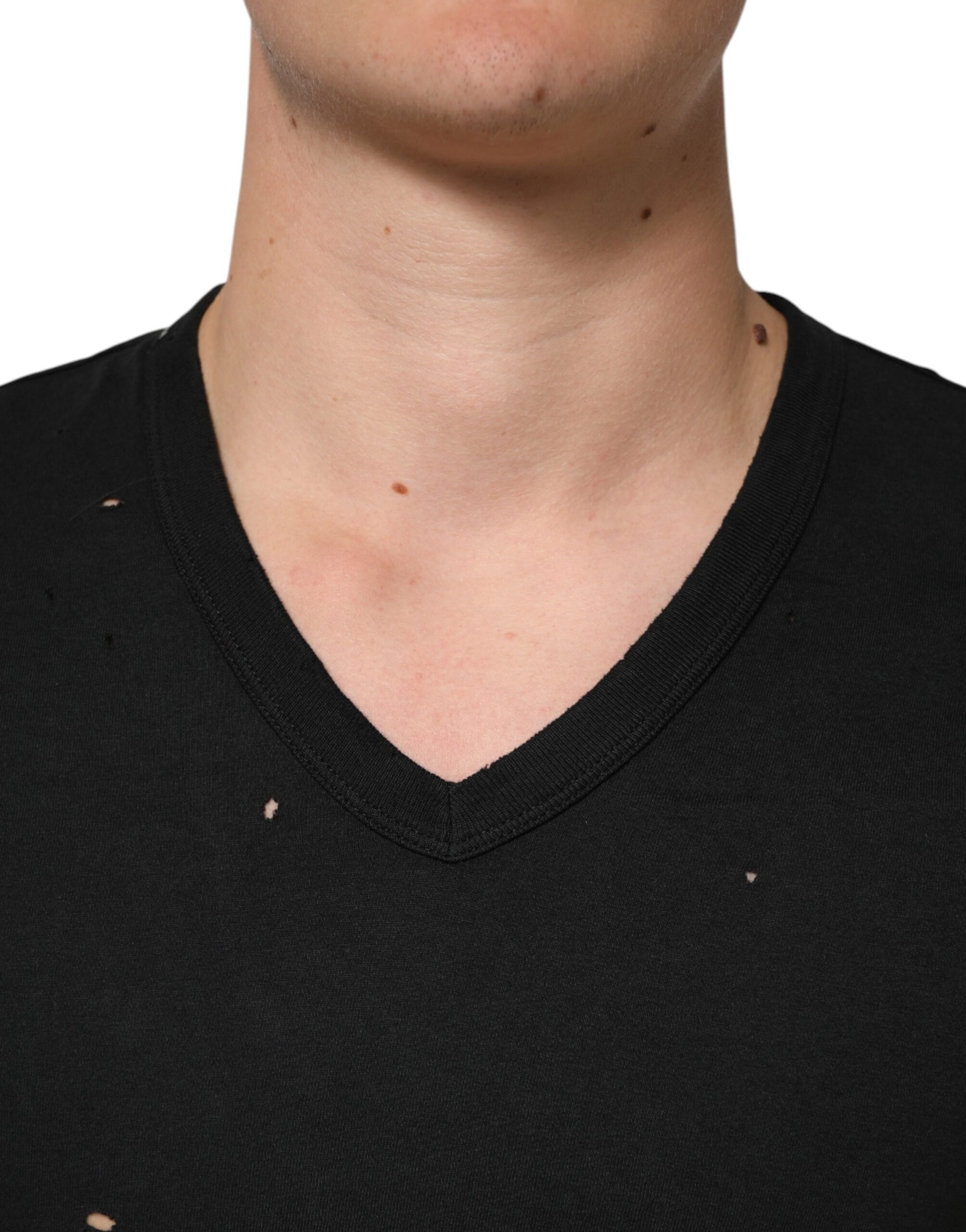 Dolce & Gabbana Black Cotton Tattered Logo V-Neck Men T-shirt | Regal Royce