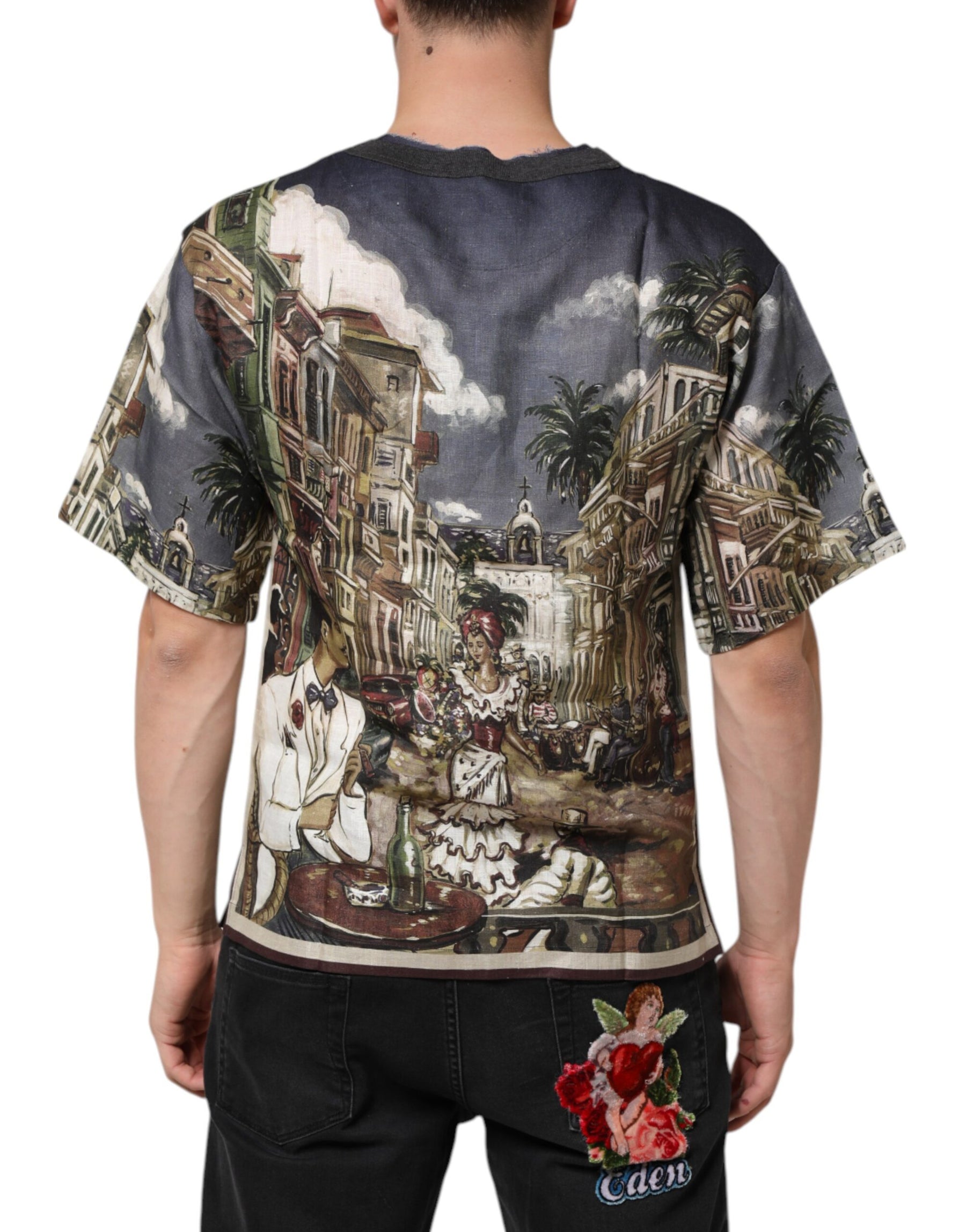 Dolce & Gabbana Palermo Jazz Club Linen Crew Neck Men T-shirt | Regal Royce