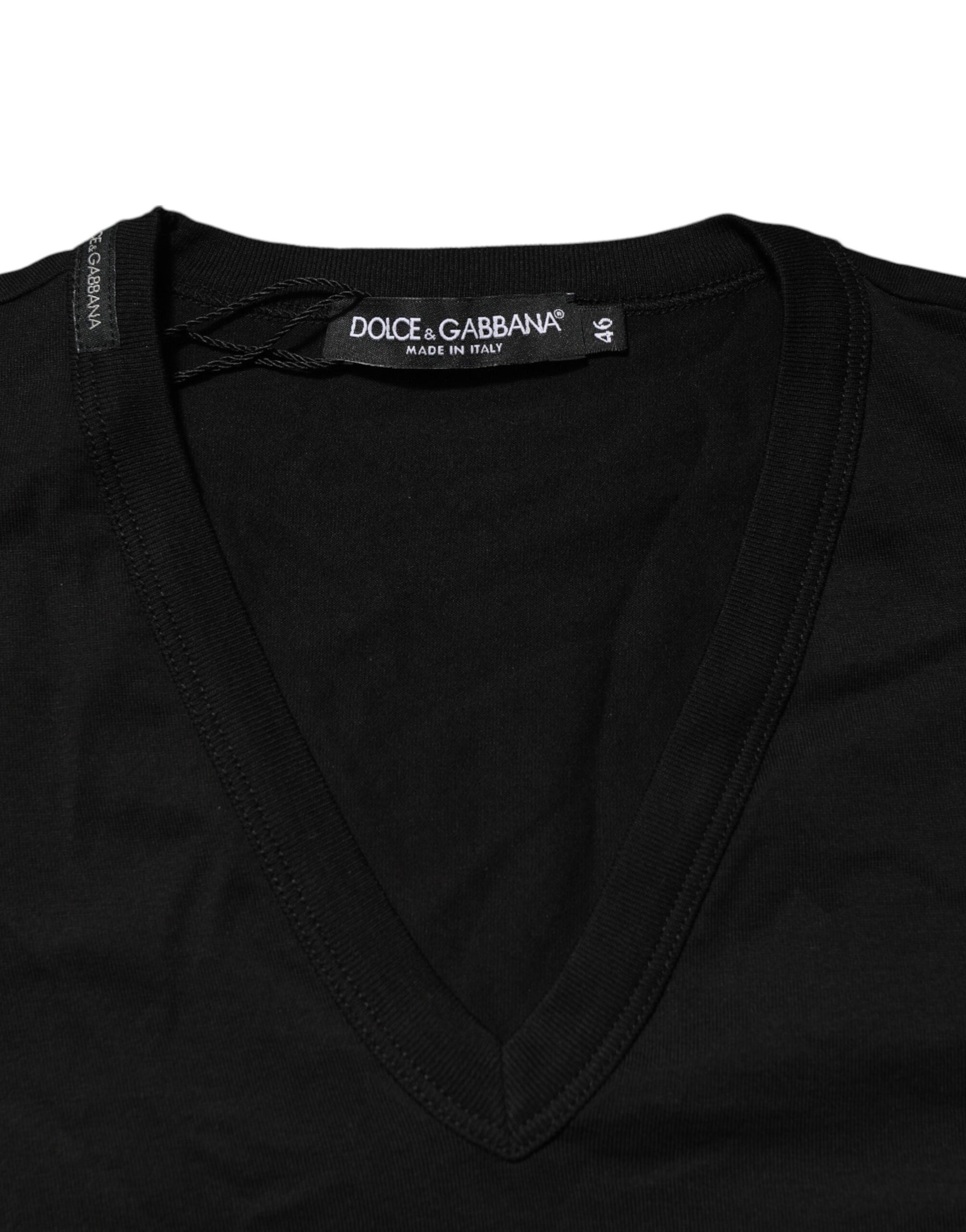 Dolce & Gabbana Black Cotton Plain V-Neck Men Shirt T-shirt | Regal Royce