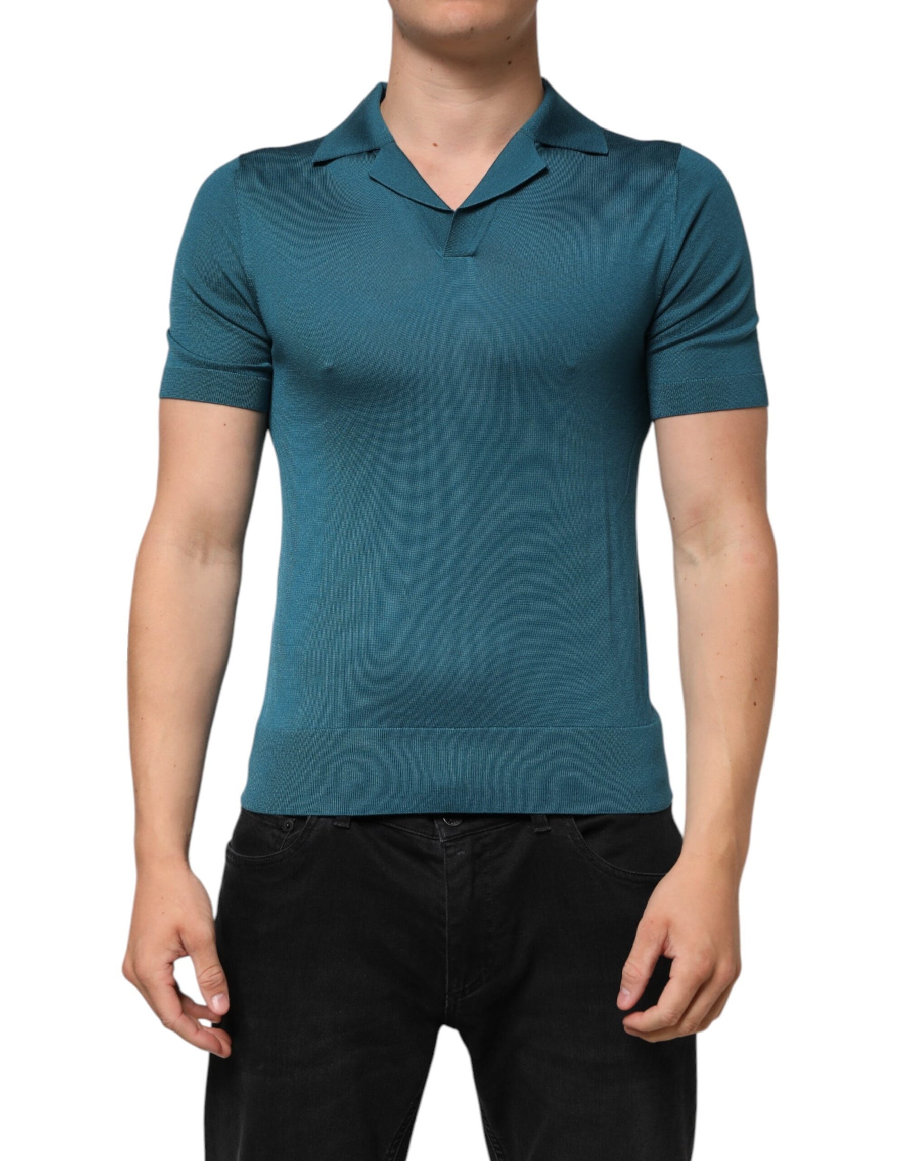 Dolce & Gabbana Teal Blue Silk Collar Short Sleeve Polo T-shirt | Regal Royce