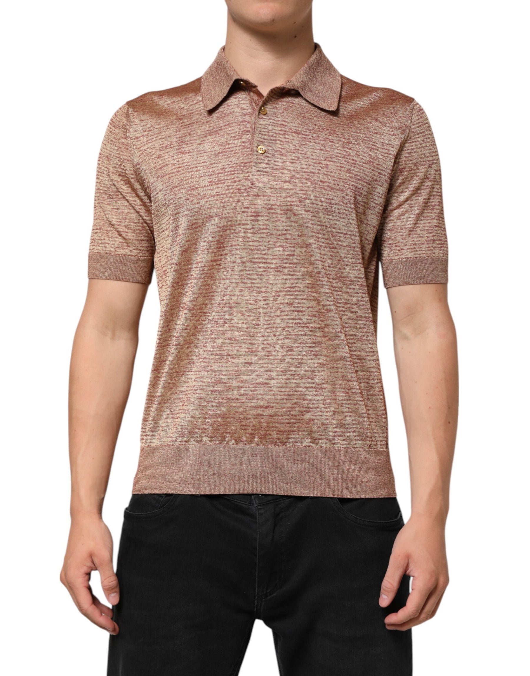 Dolce & Gabbana Brown Silk Textured Short Sleeve Polo T-shirt | Regal Royce