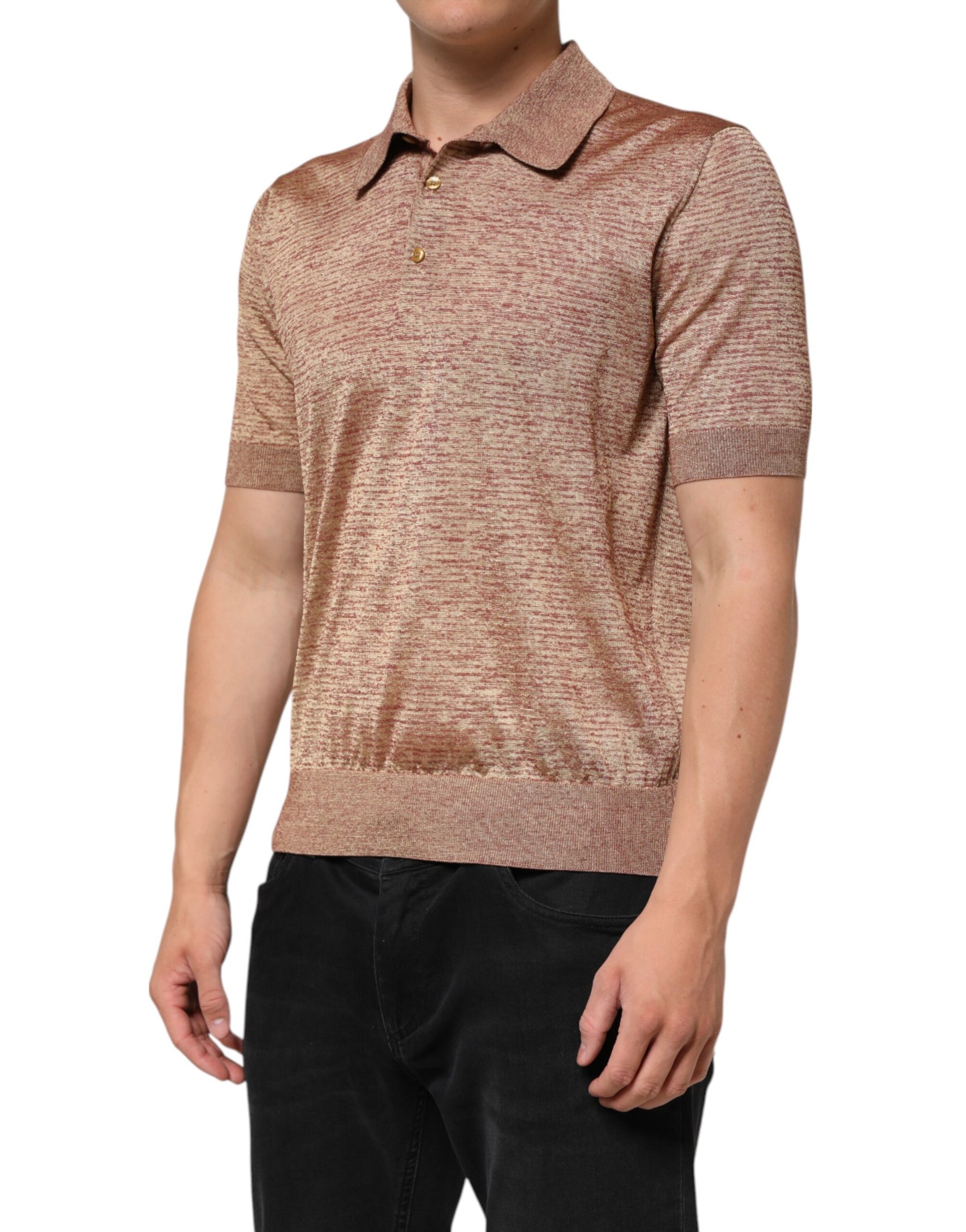 Dolce & Gabbana Brown Silk Textured Short Sleeve Polo T-shirt | Regal Royce