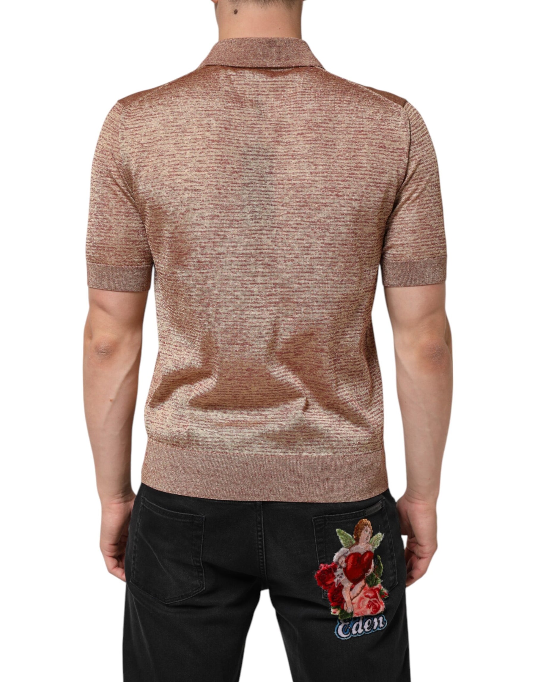 Dolce & Gabbana Brown Silk Textured Short Sleeve Polo T-shirt | Regal Royce