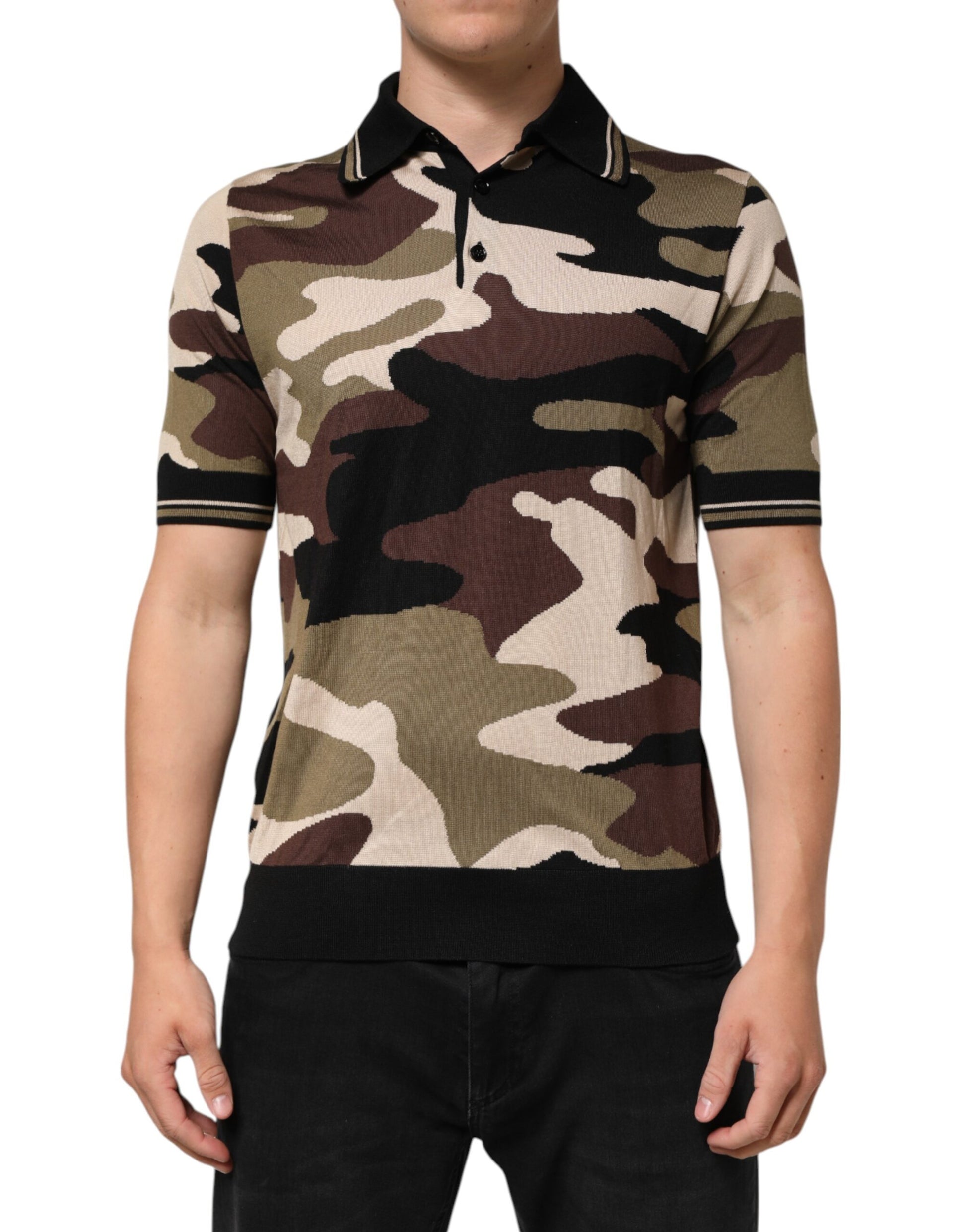 Dolce & Gabbana Camouflage Brown Silk Military Polo T-shirt