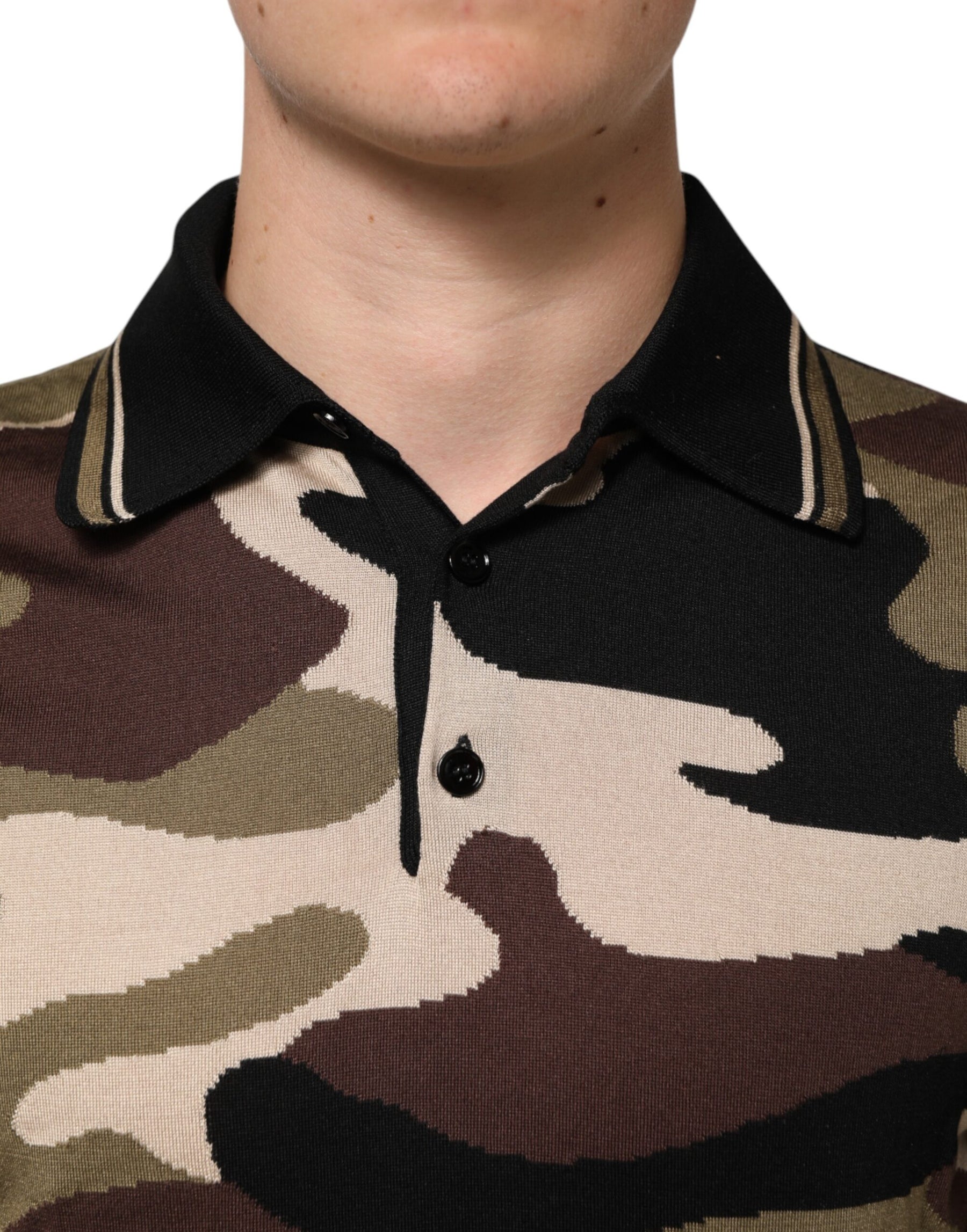 Dolce & Gabbana Camouflage Brown Silk Military Polo T-shirt | Regal Royce