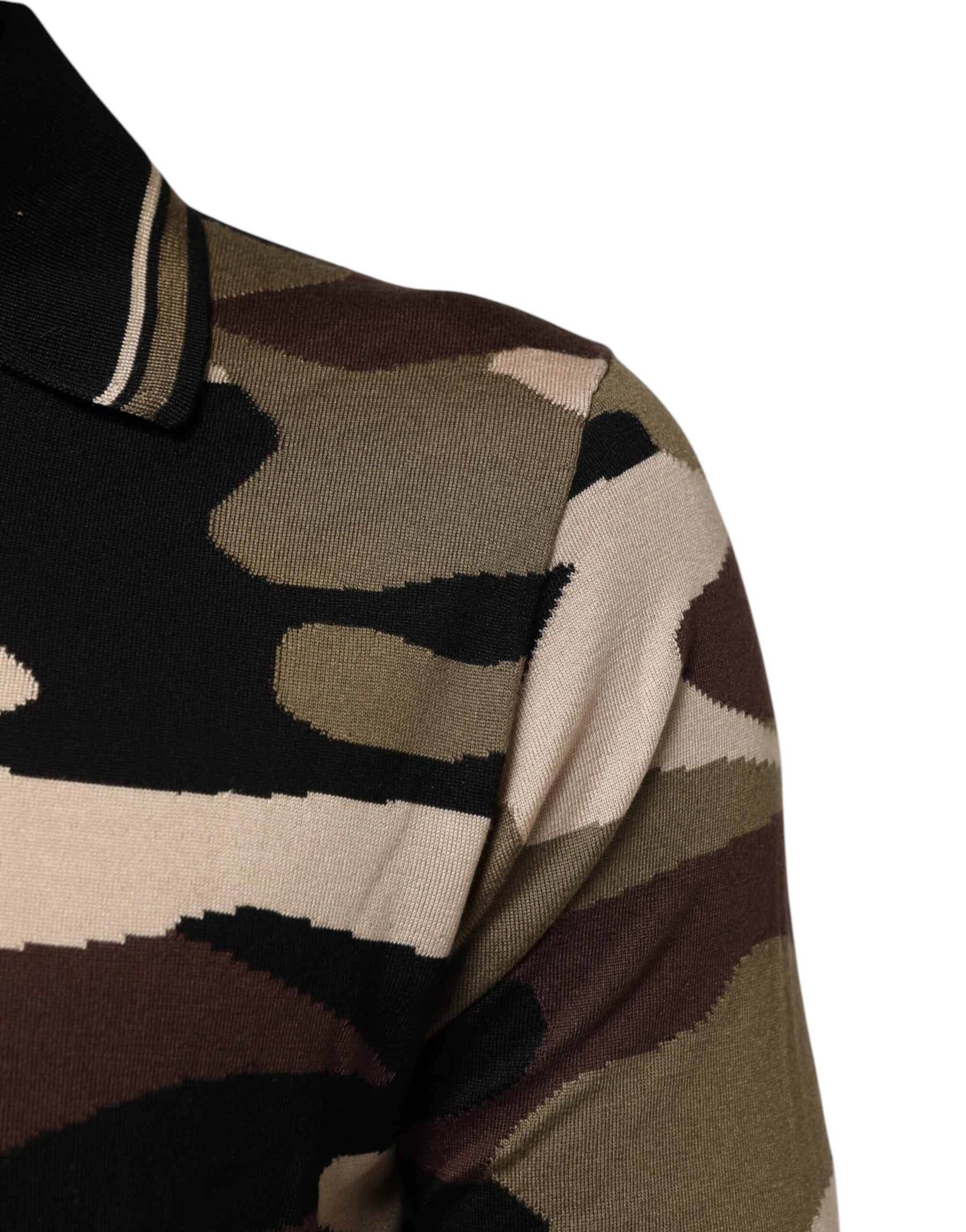 Dolce & Gabbana Camouflage Brown Silk Military Polo T-shirt | Regal Royce