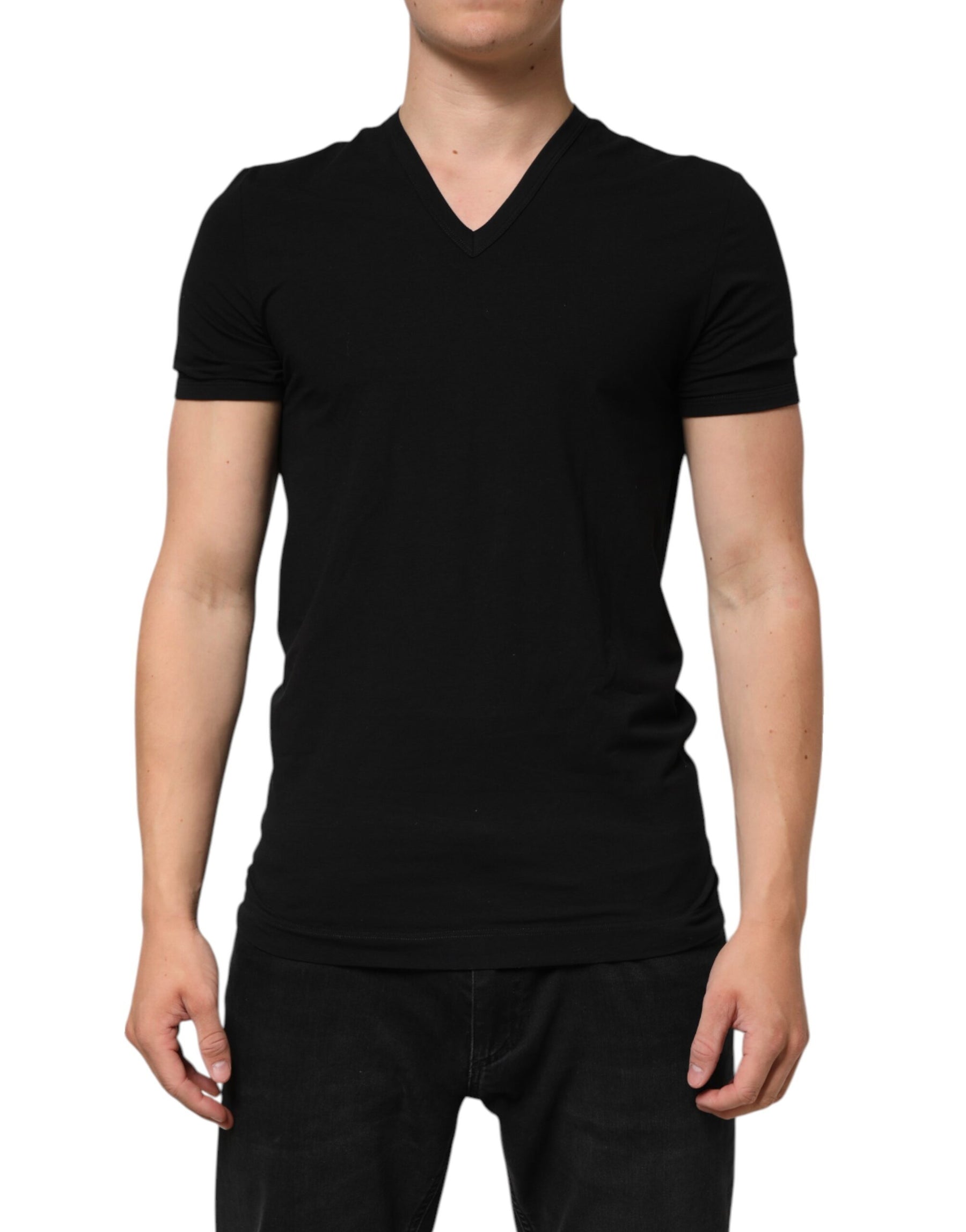 Dolce & Gabbana Black Cotton Slim Fit Men V-Neck Shirt T-shirt | Regal Royce