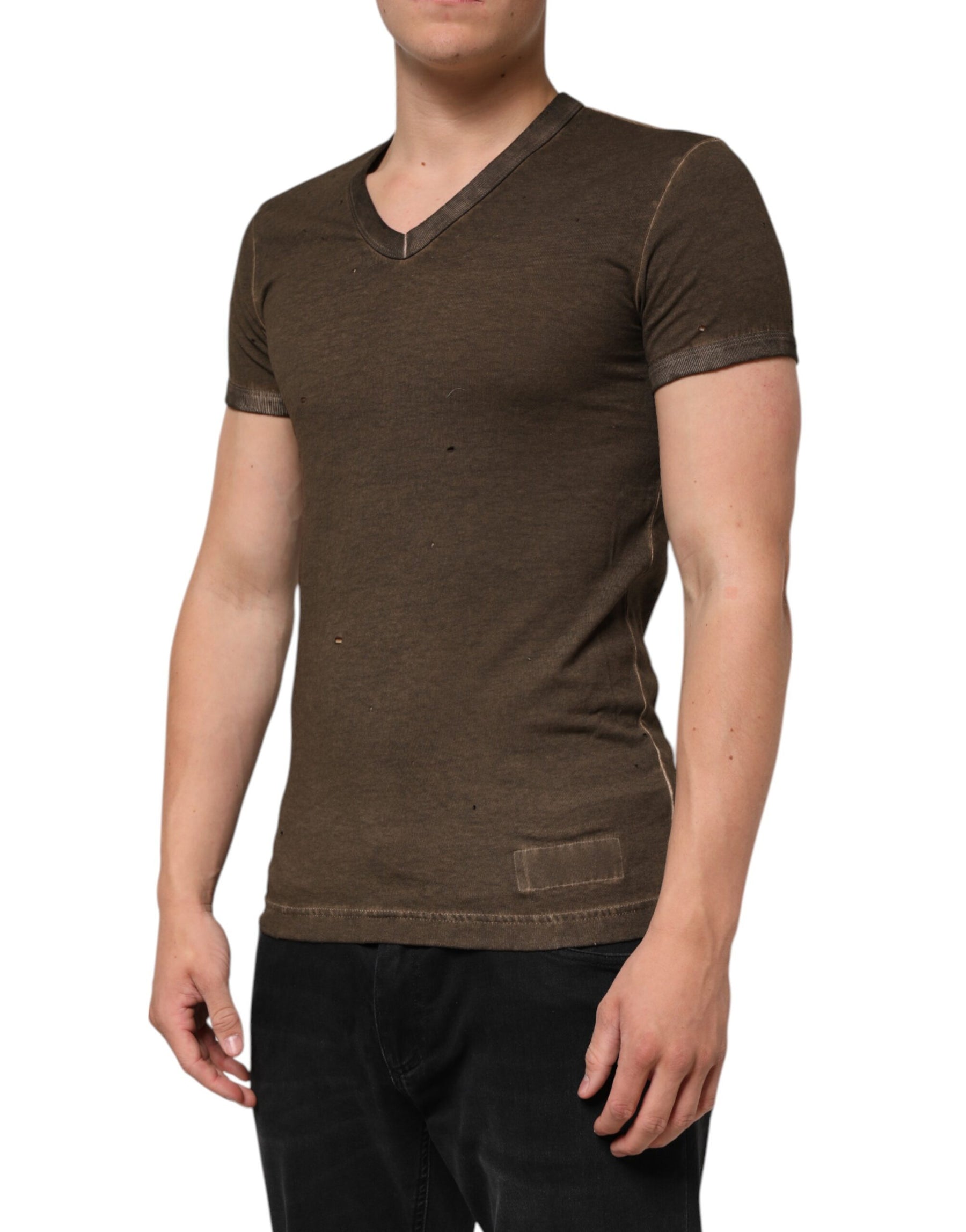 Dolce & Gabbana Dark Brown Cotton Tattered Logo Men T-shirt | Regal Royce