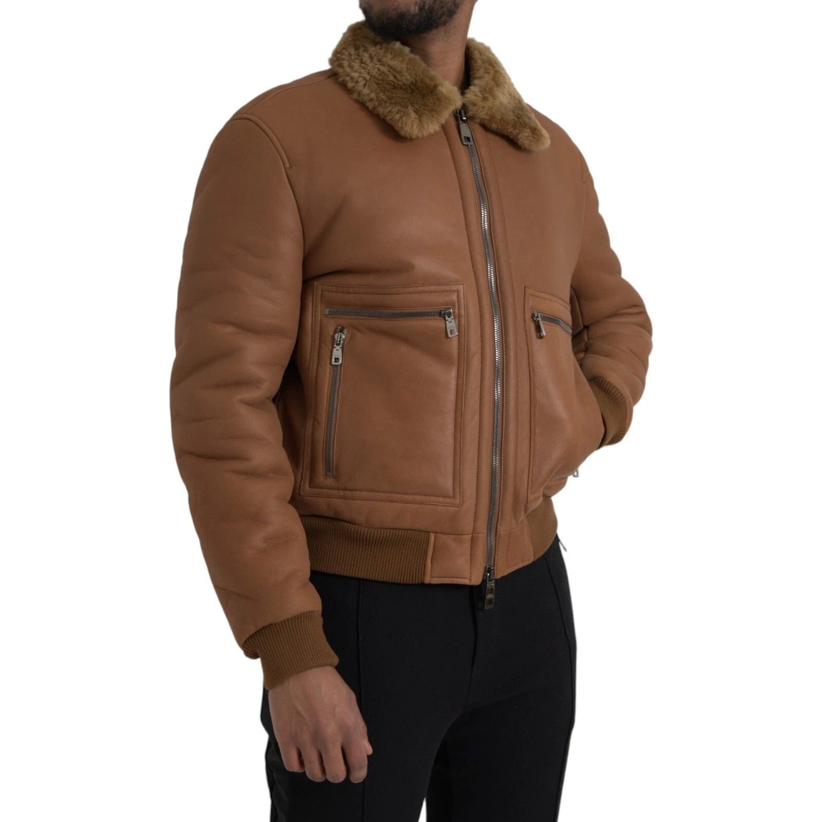 Dolce & Gabbana Brown Leather Fur Button Biker Coat Jacket | Regal Royce