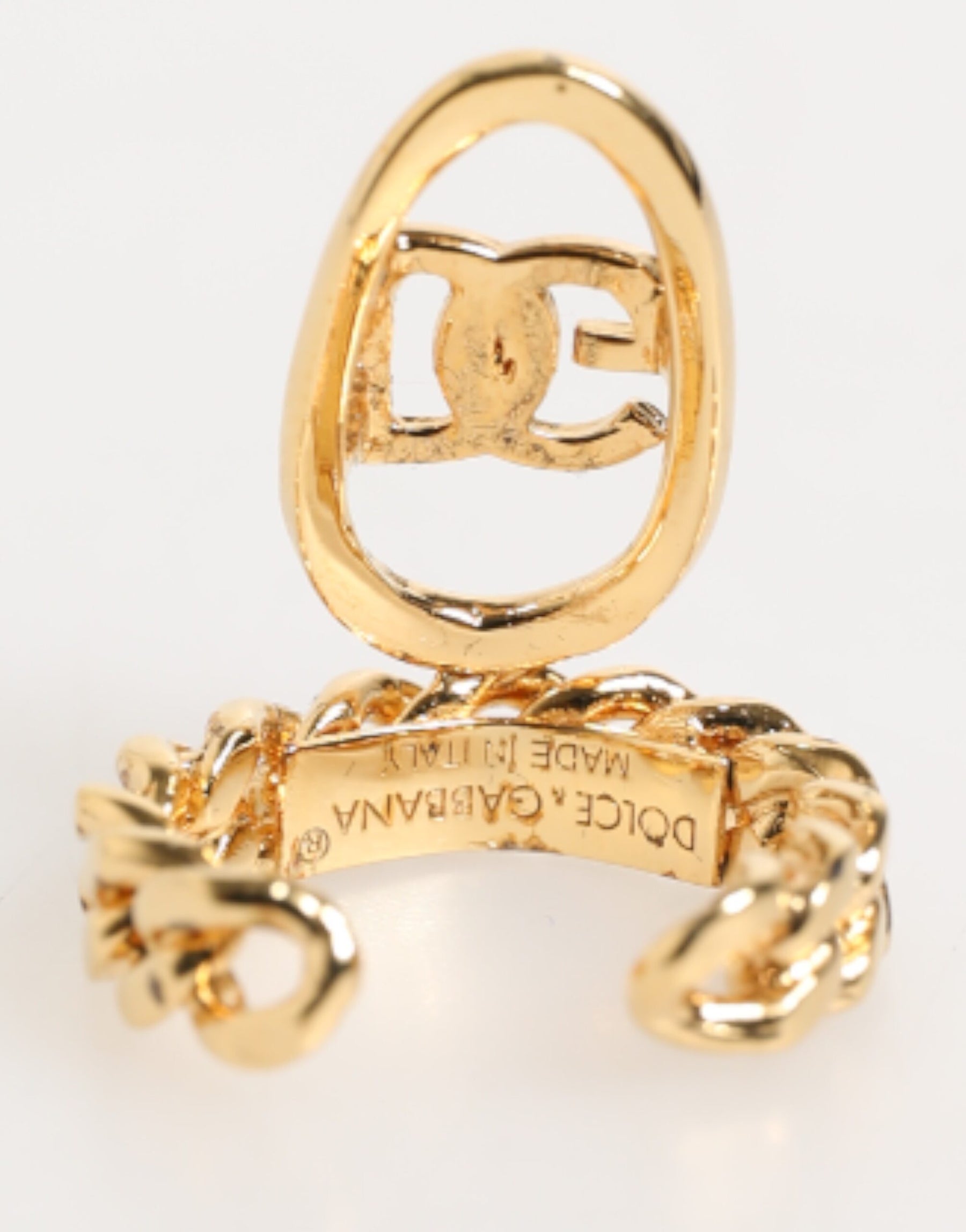 Dolce & Gabbana Gold Tone Brass Oval DG Logo Chain Adjustable Ring | Regal Royce