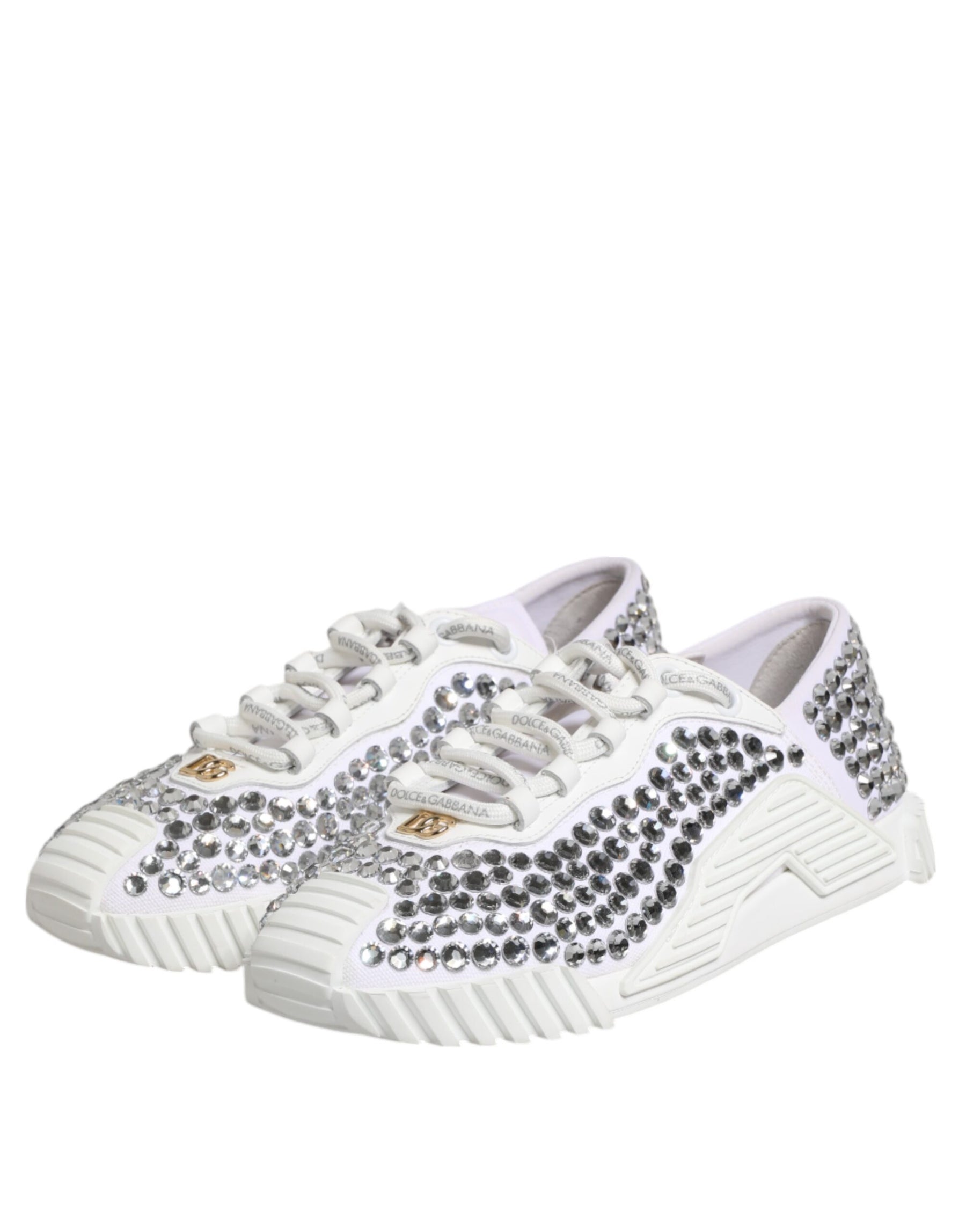 Dolce & Gabbana White NS1 Canvas Leather Embellished Sneakers Shoes | Regal Royce