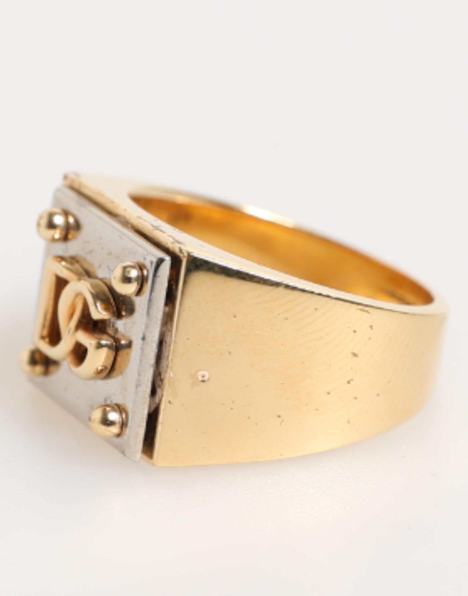 Dolce & Gabbana Gold Tone Brass Signet Square DG Logo Plaque Men Ring | Regal Royce