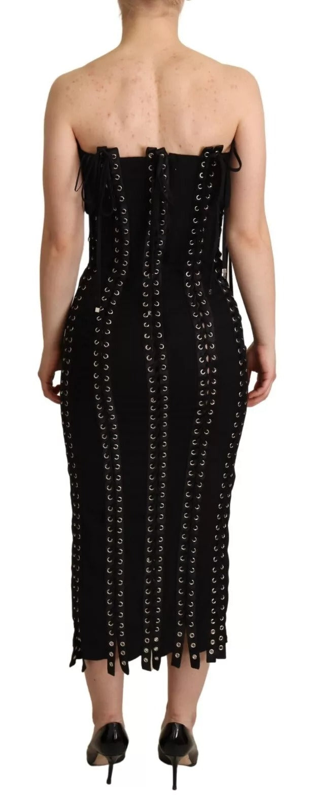Dolce & Gabbana Black Cady Sleeveless Lace Up Bodycon Dress | Regal Royce