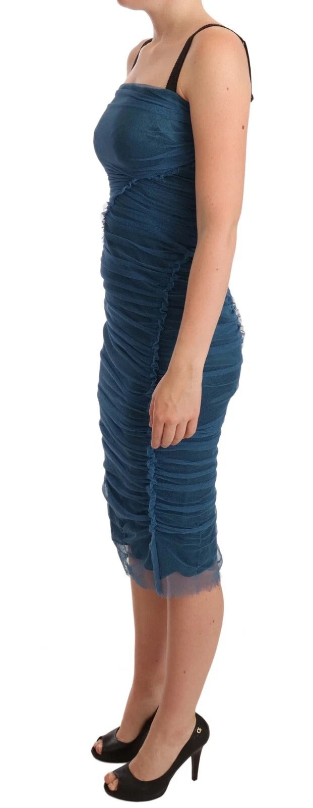 Dolce & Gabbana Blue Mesh Trim Ruched Tulle Sheath Dress | Regal Royce