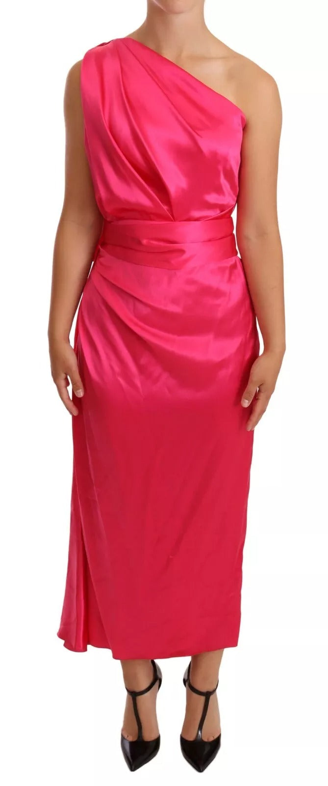 Dolce & Gabbana Pink Sheath Silk Bow Open Shoulder Dress | Regal Royce