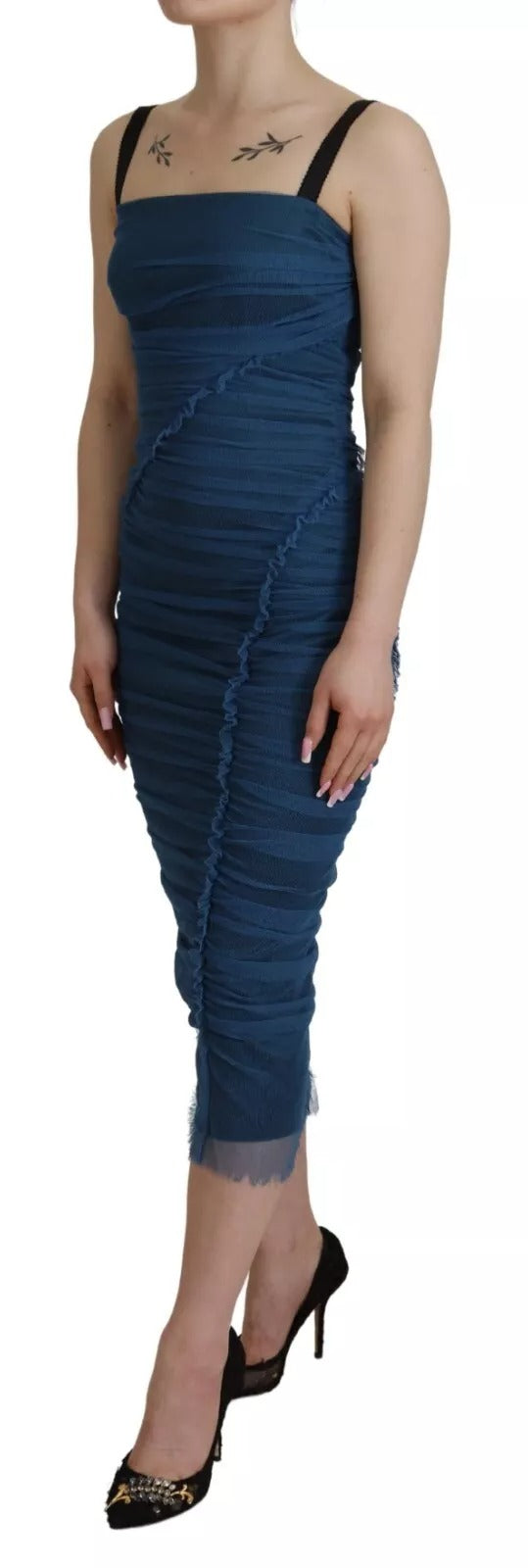Dolce & Gabbana Blue Mesh Trim Ruched Tulle Sheath Dress | Regal Royce