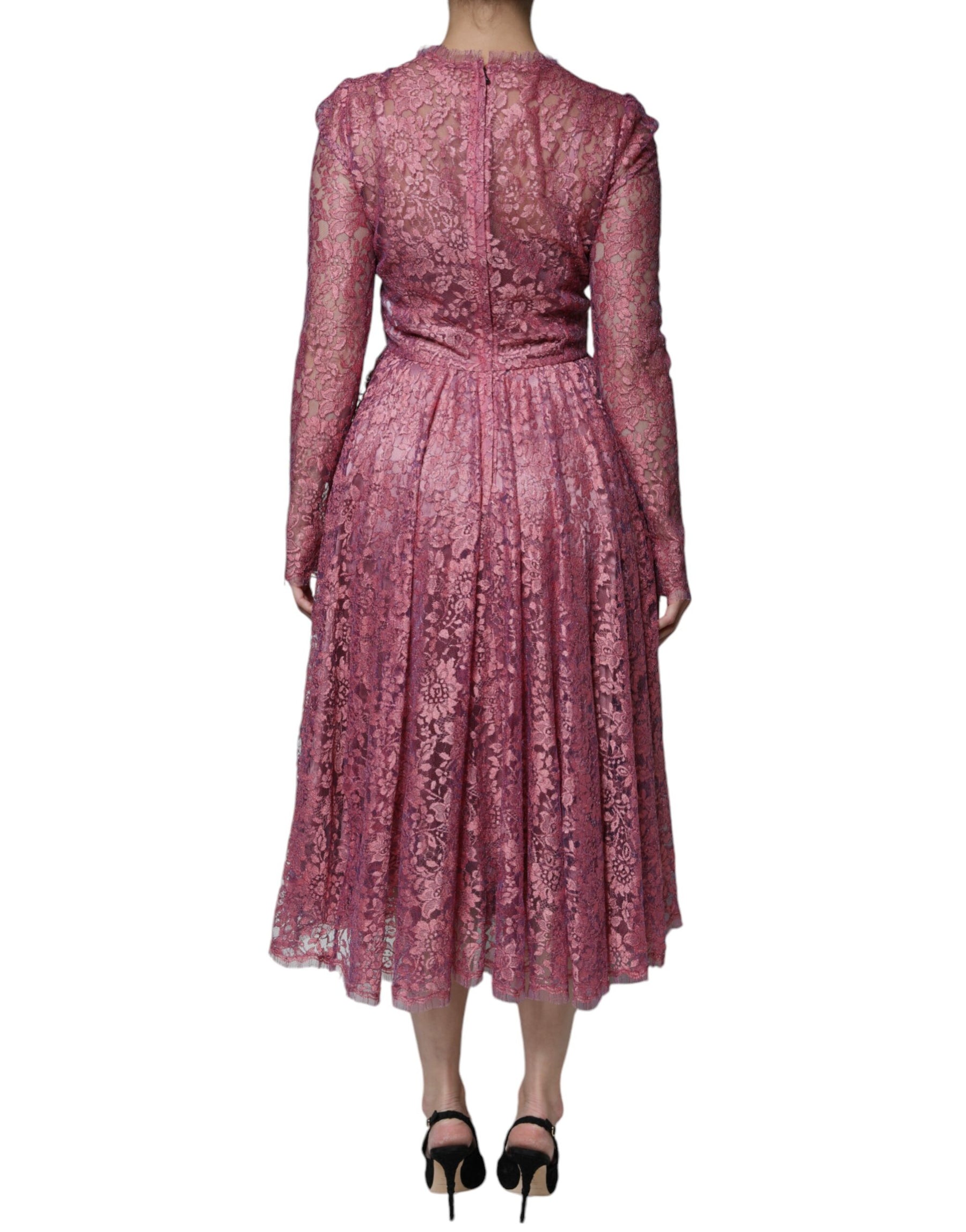 Dolce & Gabbana Pink Floral Lace Long Sleeve Midi Dress | Regal Royce